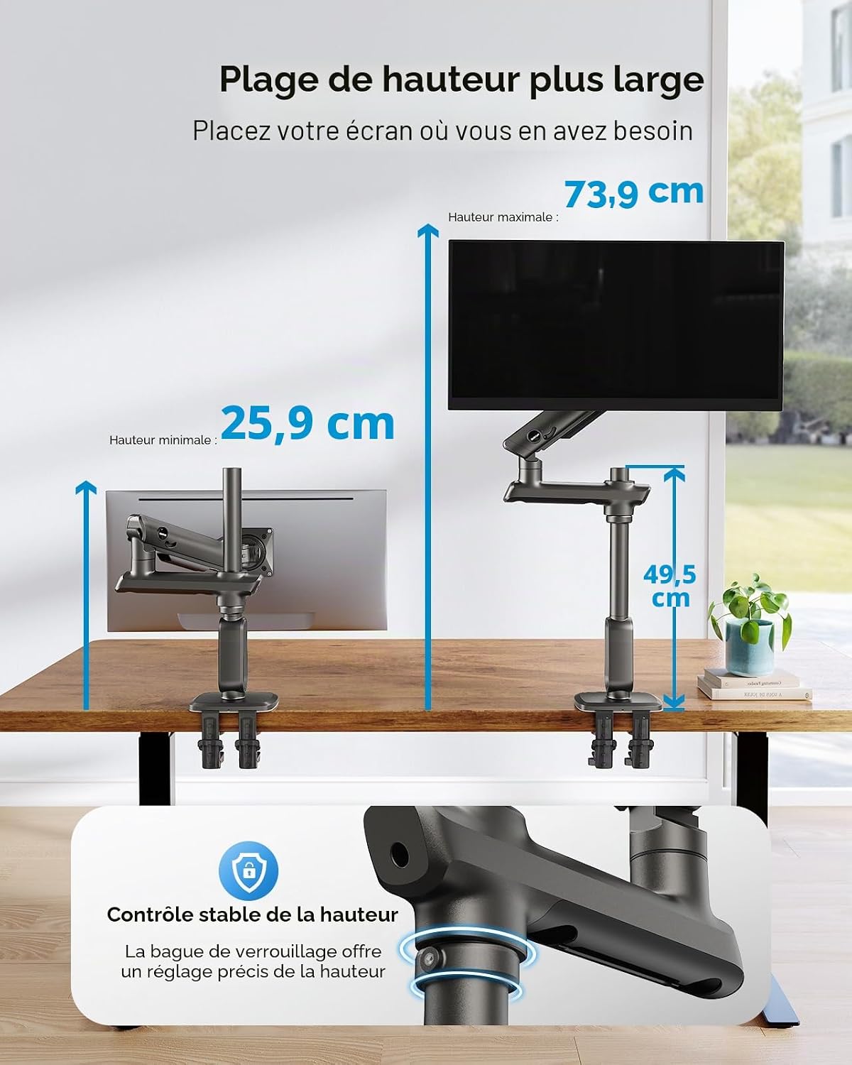 Detalle 2 de Support de bras d’écran HUANUO pour moniteurs ultra-larges jusqu’à 49 pouces (VESA 75/100, aluminium, 18 kg)