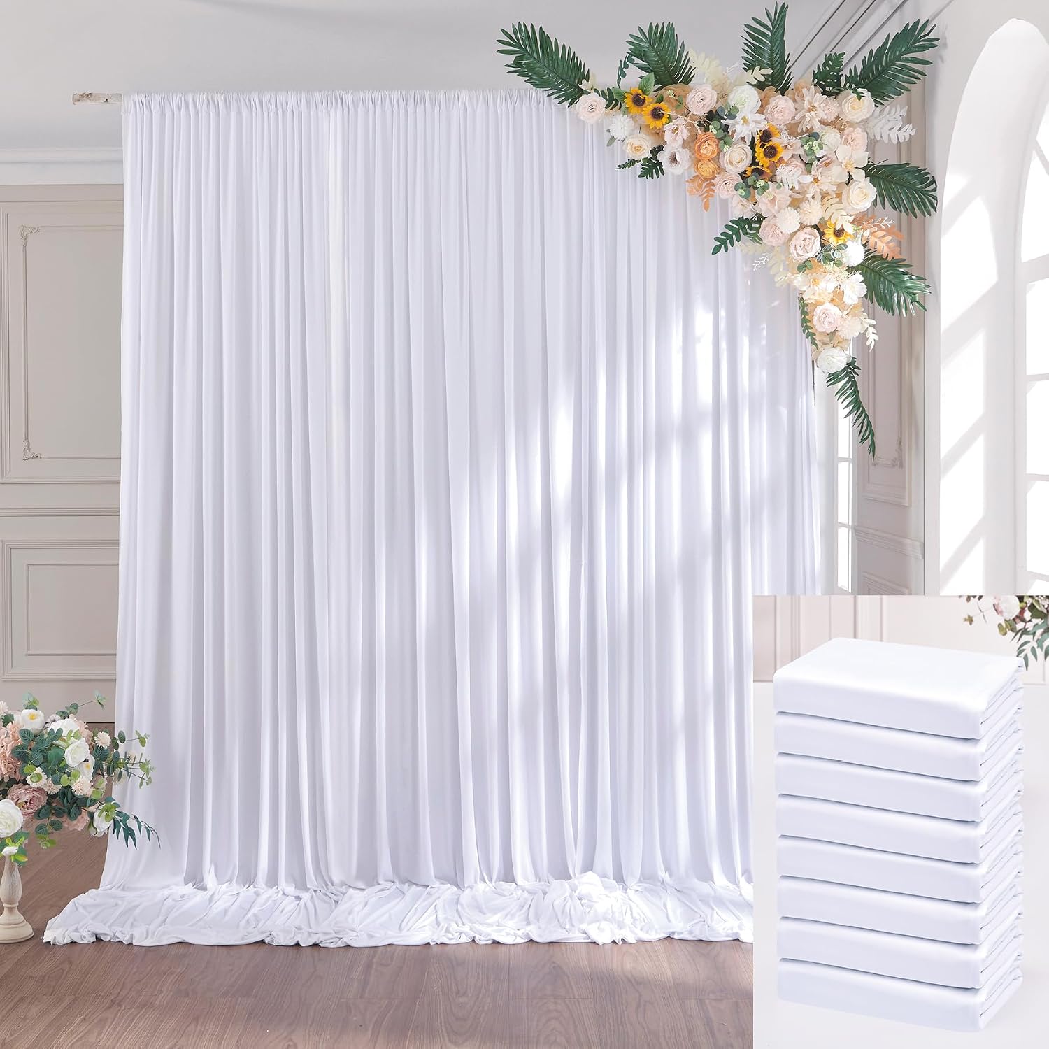 Detalle de 12×3 m Weißer Hochzeits-Hintergrundvorhang mit 8 Platten – 1,5×3 m pro Platte, faltend frei, Polyester-Seide Optik