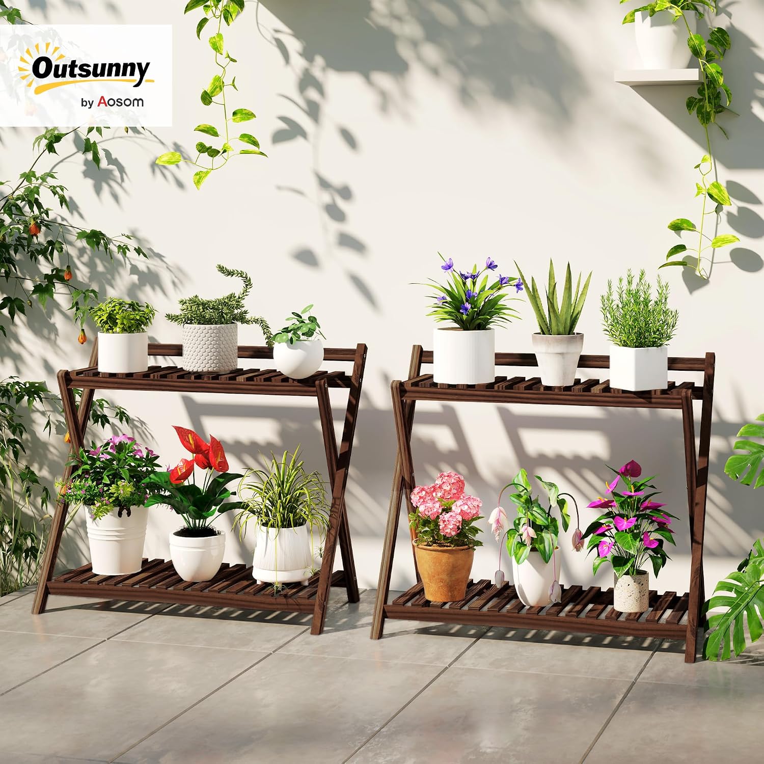 Detalle 2 de Outsunny 84H-186V00TN plantenstandaardset met 2 niveaus, bruin hout