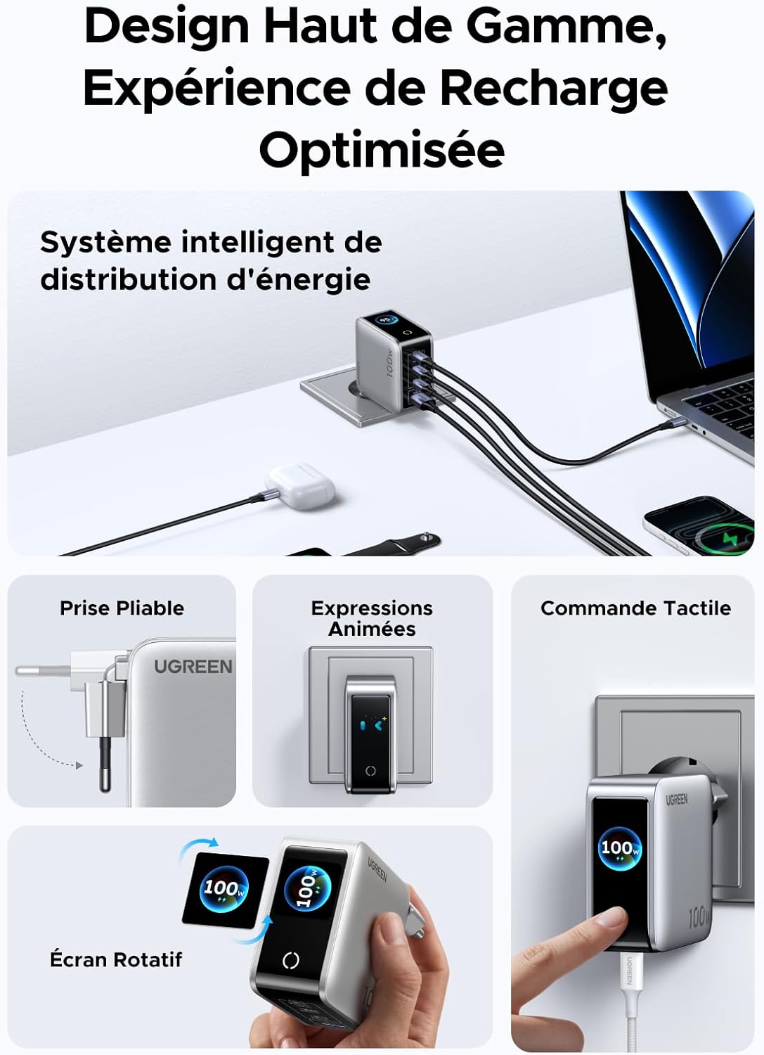 Thumbnail 5 de UGREEN Nexode Pro 100W: Chargeur USB-C 4 Ports avec Écran Intelligent, GaNInfinity II