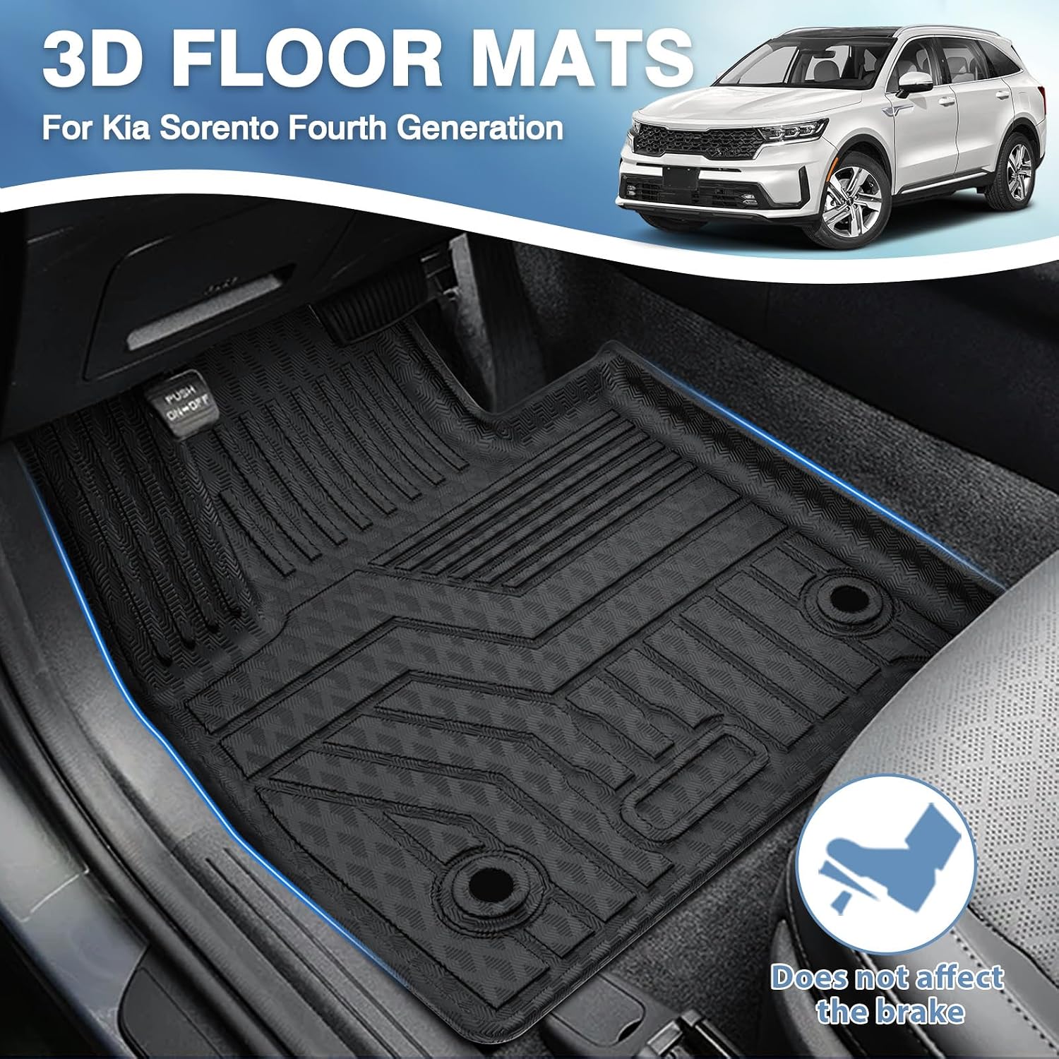 Detalle 2 de FIILINES Kia Sorento Floor Mats, 3D TPE All-Weather Liners, Black, 2021–2026