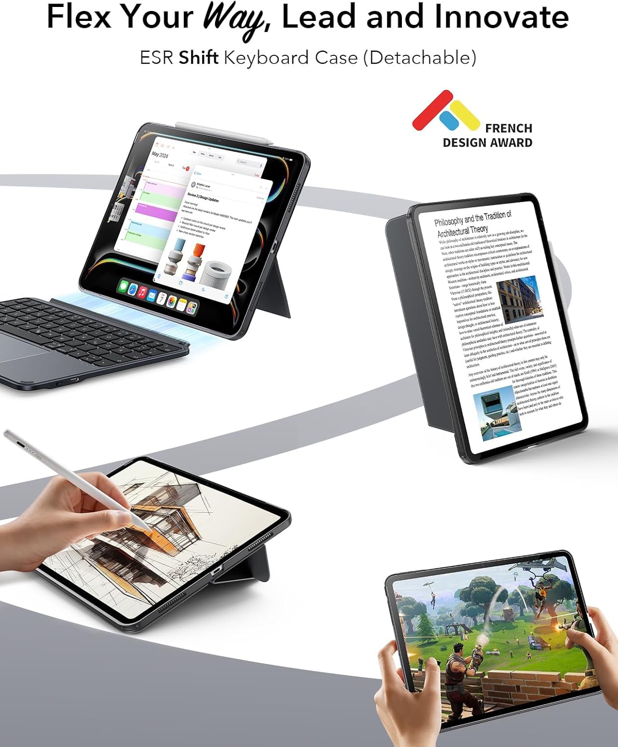 Detalle de ESR Hülle mit Tastatur für iPad Air 11" (M4/M3/M2) & 10,9" (5./4. Gen) – Magnetisch abnehmbares Keyboard, großes Trackpad, Backlight