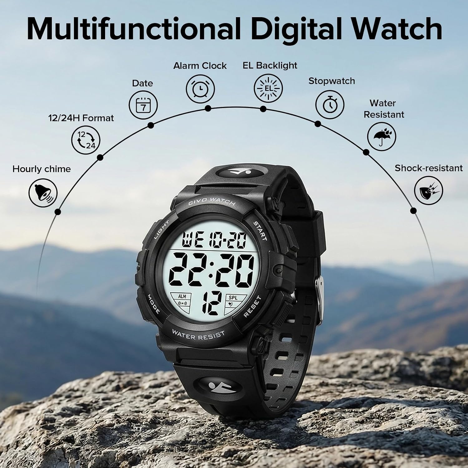 Thumbnail 6 de CIVO Mens Digital Sports Watch with Military-Style Big Numbers, 50m Waterproof & LED Backlight