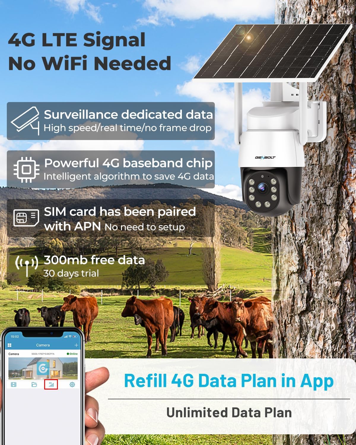Detalle de GENBOLT 4G AOV Solar Security Camera Outdoor Wireless – 3MP, 2K Colour Night Vision, 24/7 Recording, Battery-Powered LTE CCTV