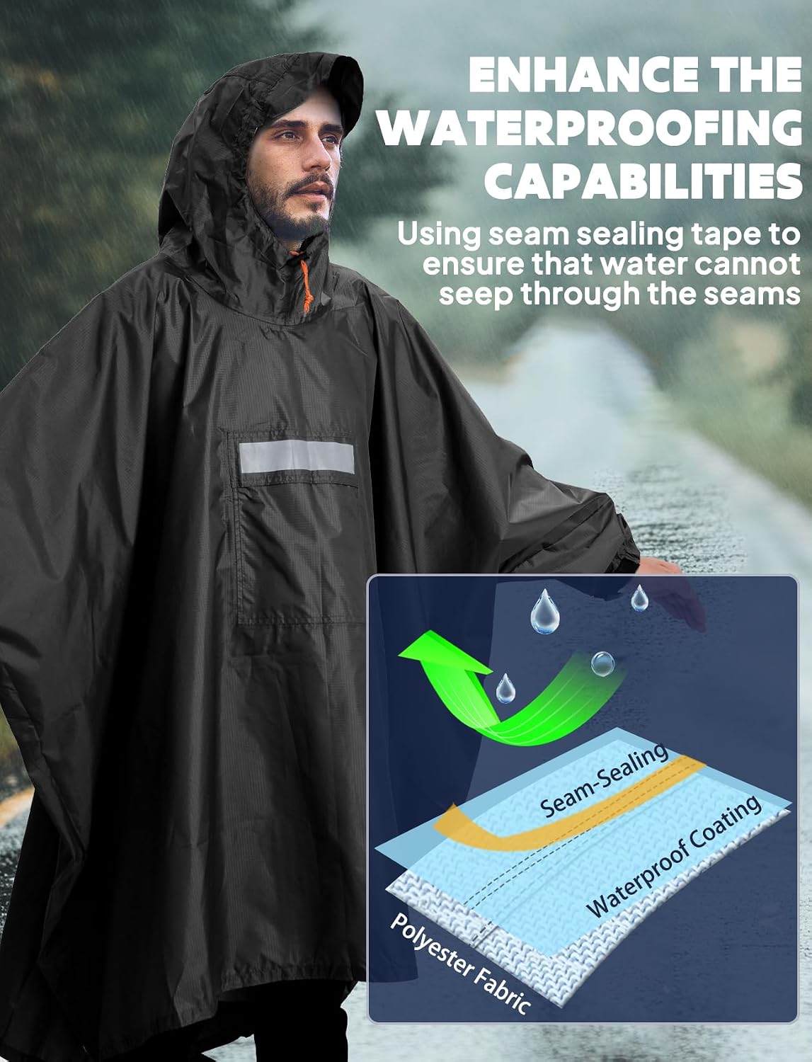 Detalle de ANYOO Leichter wasserdichter Regenponcho mit Kapuze, Ripstop & Reflektoren – Einheitsgröße