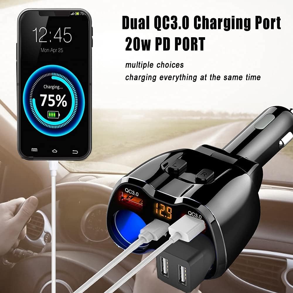 Thumbnail 3 de USB Car Charger Adapter Cigarette Lighter Splitter with QC3.0 + 20W USB-C PD and LED voltage display