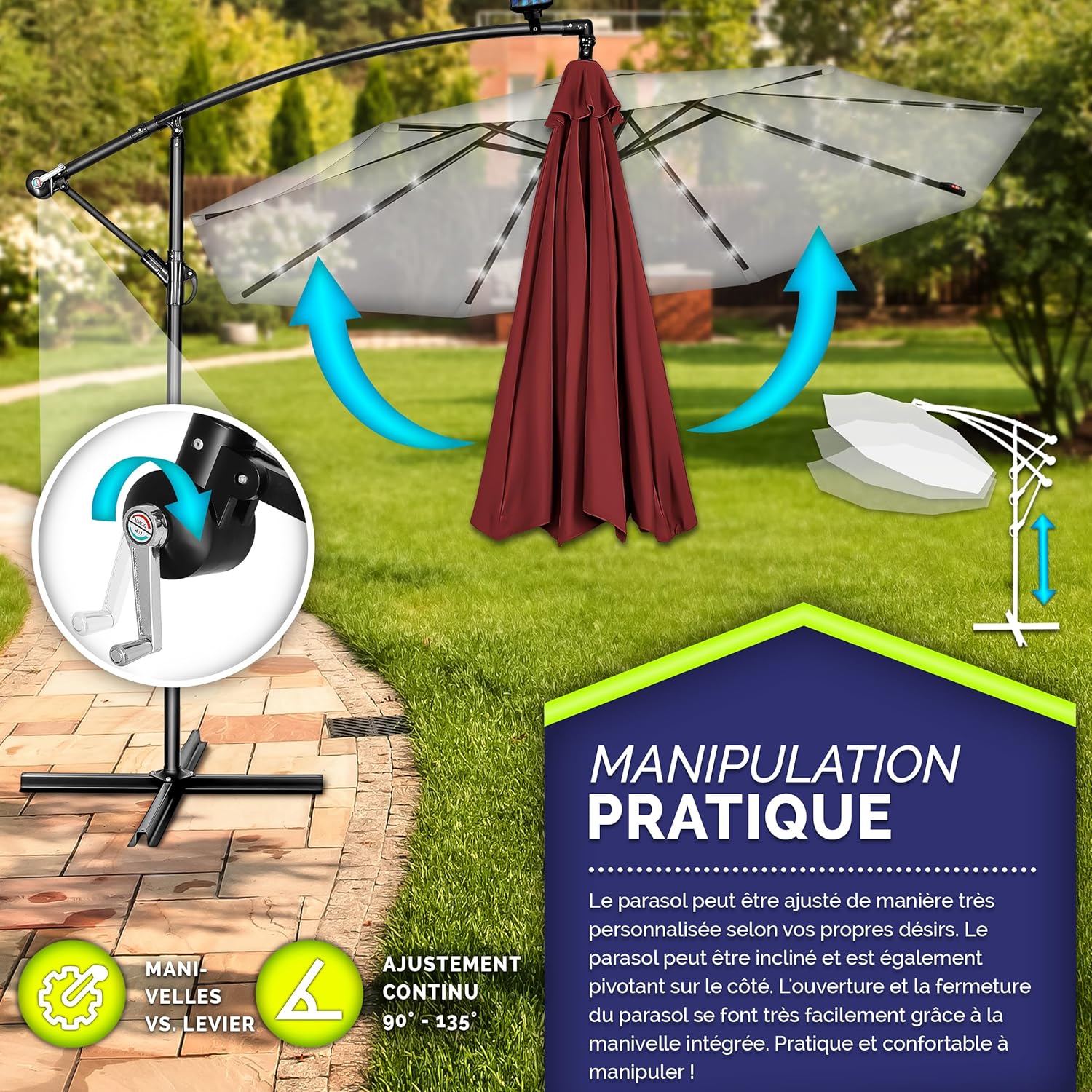 Thumbnail 2 de Tillvex Parasol déporté LED solaire hexagonal 3 m avec manivelle – ombre et lumière à utiliser dehors