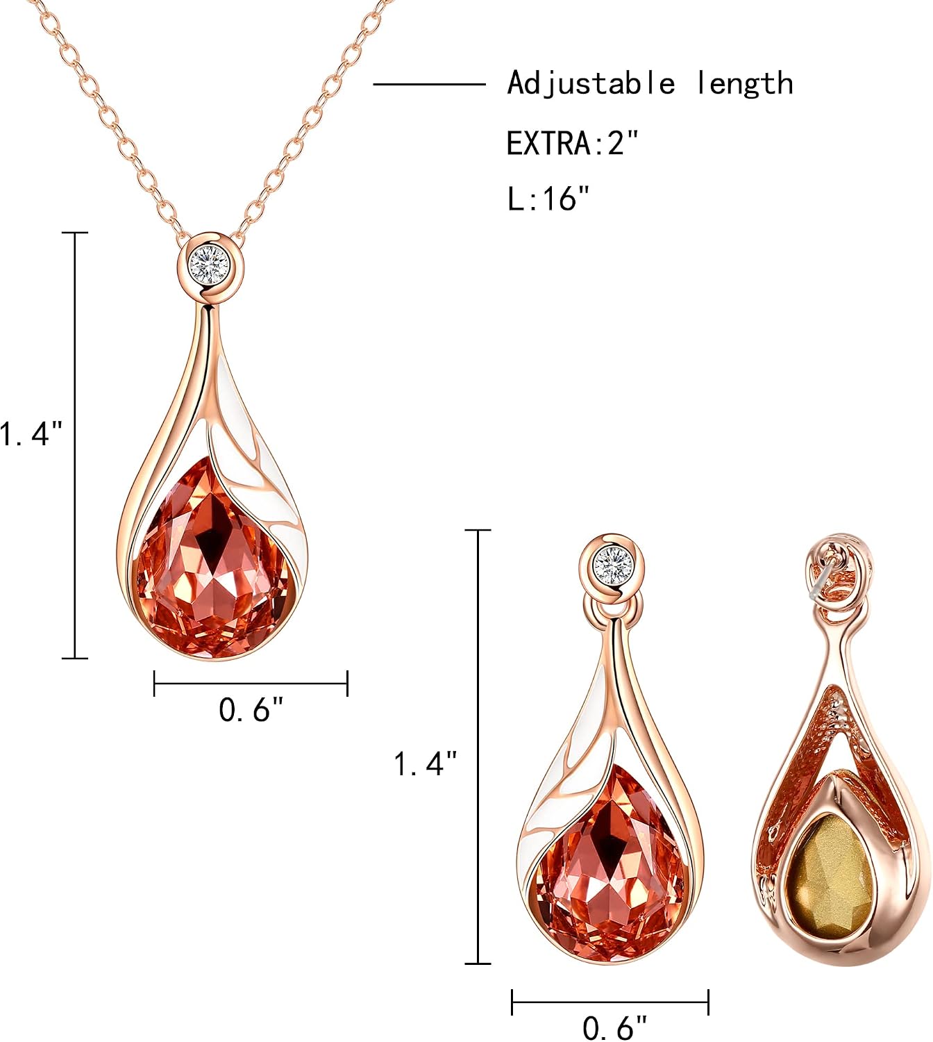 Detalle de Parure bijoux de mariage Clearine : collier goutte d’eau, boucles d’oreilles feuille, émail, cristal autrichien et strass