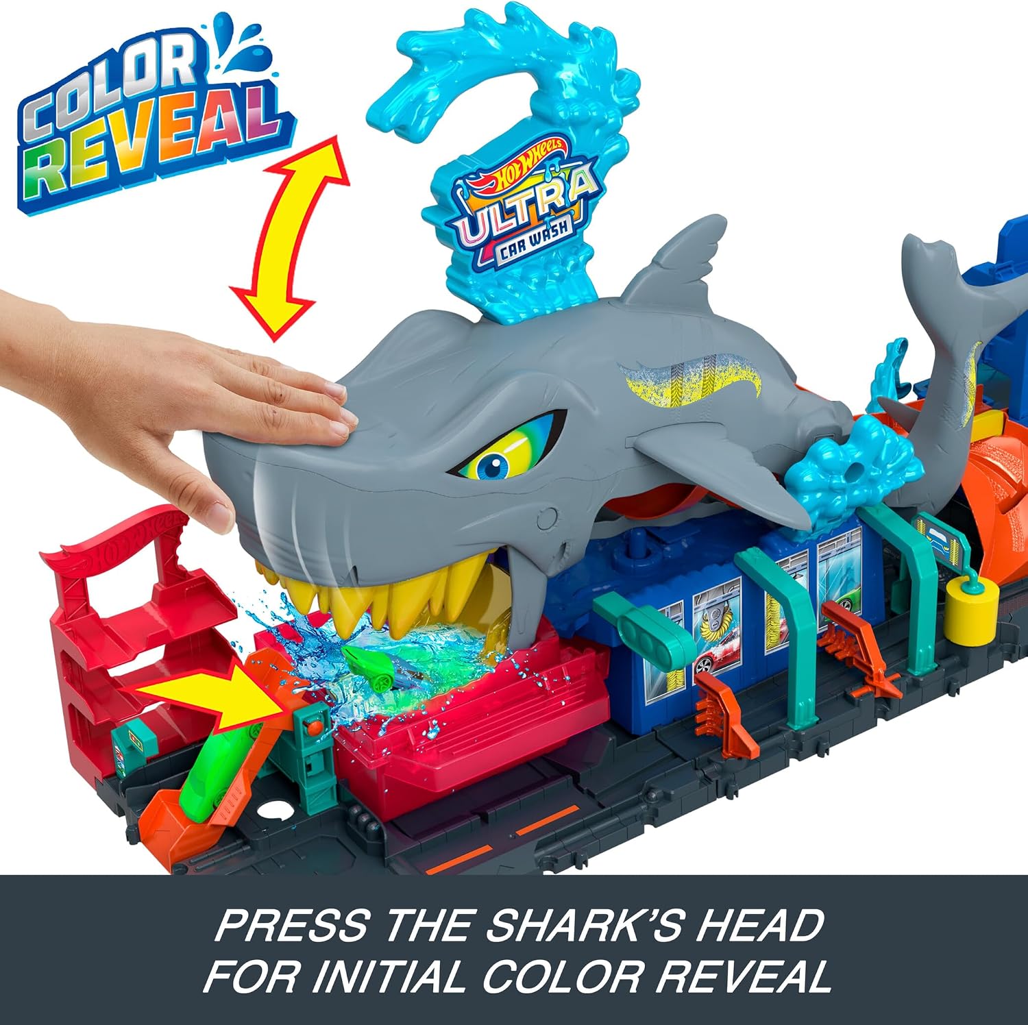 Detalle de Hot Wheels Let's Race Netflix - City Toy Car Track Set: Ultra Shark Car Wash with 1:64 Scale Color Reveal Car (HTN82)