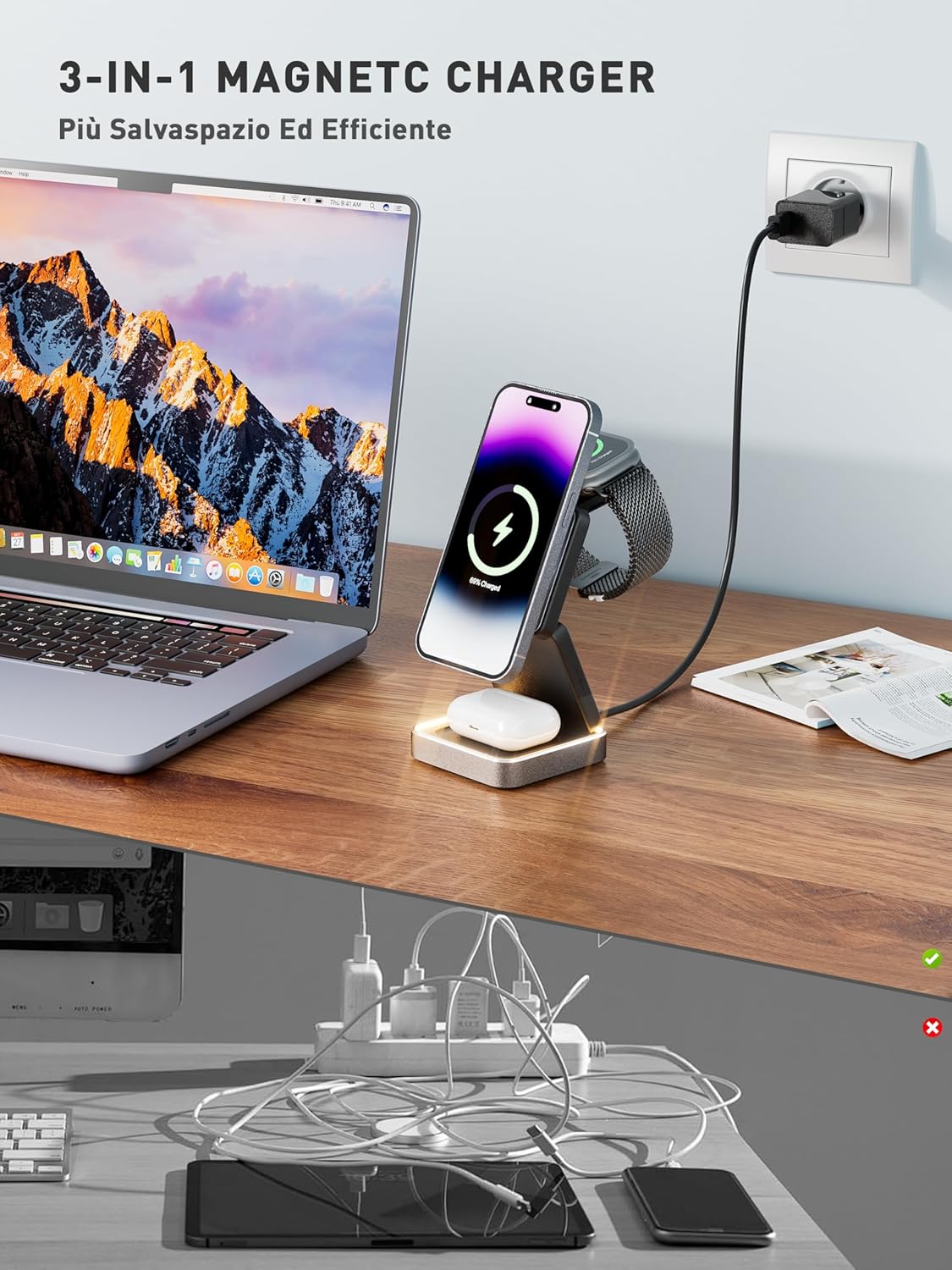 Thumbnail 1 de Tigratigro Caricatore Wireless 3 in 1 Pieghevole: ricarica simultanea per iPhone, Apple Watch e AirPods