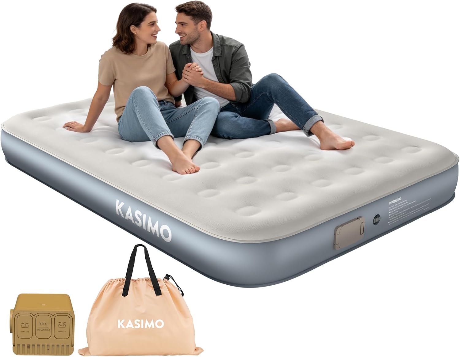 Detalle de KASIMO Queen Air Mattress with Rechargeable Pump, Suede Surface and 10-Inch Height