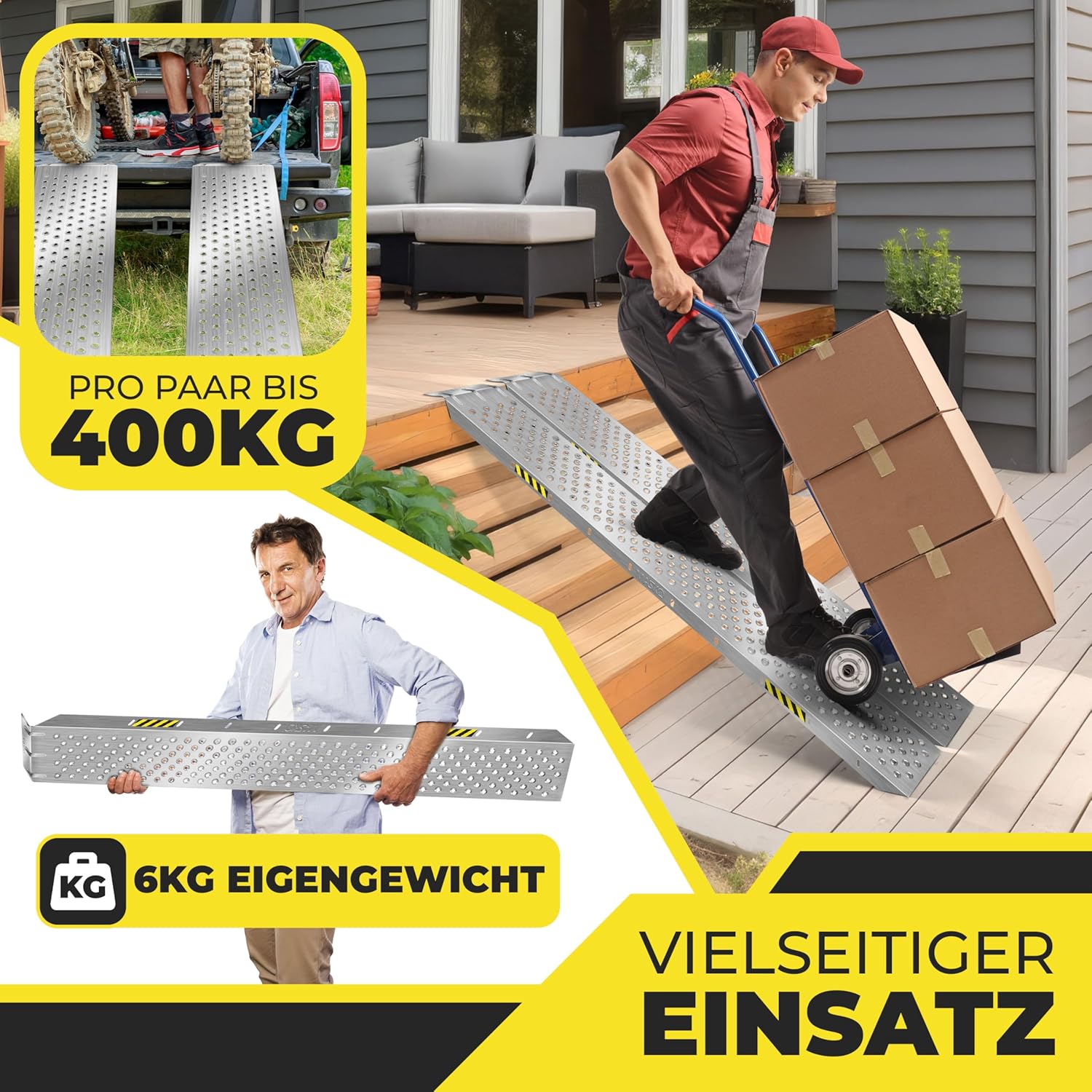 Detalle de MASKO 2X Auffahrrampe (verzinkter Stahl) – Verladerampe/Verladeschiene mit Antirutsch, max. 200 kg pro Rampe (400 kg pro Paar)