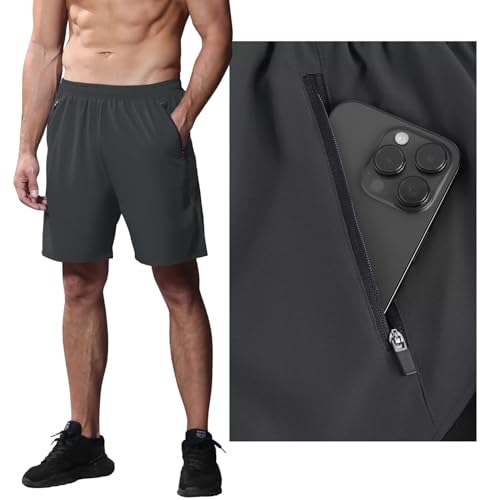 Detalle 2 de HMIYA Sporthose Herren Kurz mit Reißverschlusstasche – Dunkelgrau, XXL