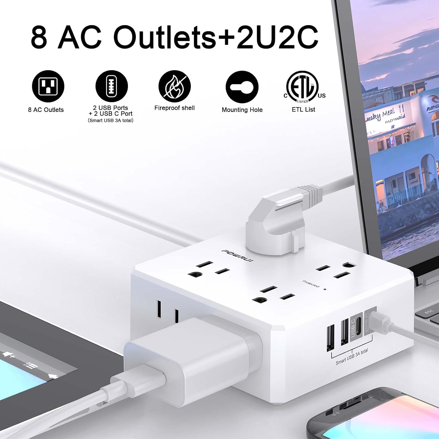 Detalle 2 de POWRUI AHR-803B Surge Protector Power Strip, 8 Outlets, 4 USB Ports