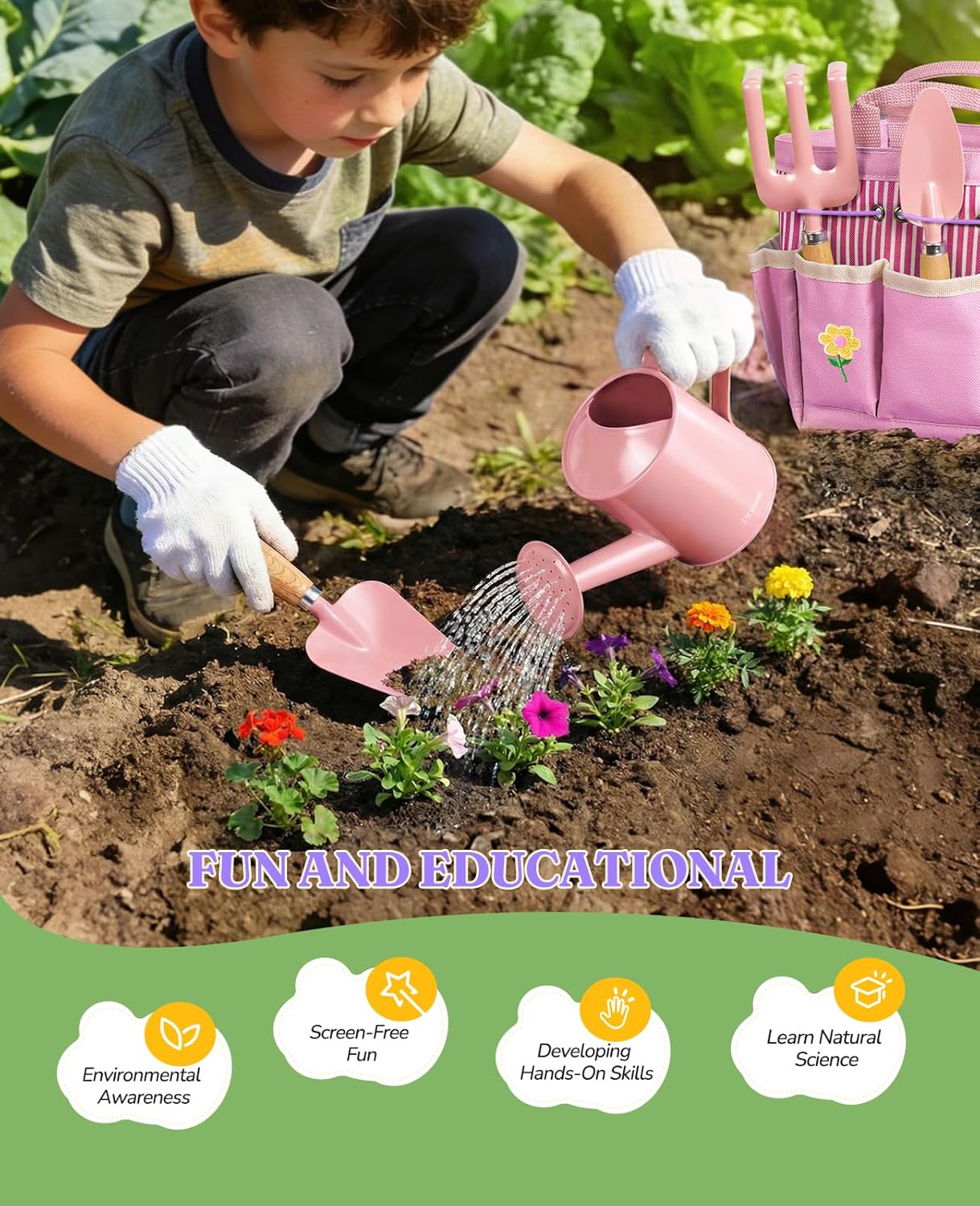 Thumbnail 1 de Floraxa 8Pcs Kids Gardening Set: Real Metal Tools with Wooden Handles & Metal Basket