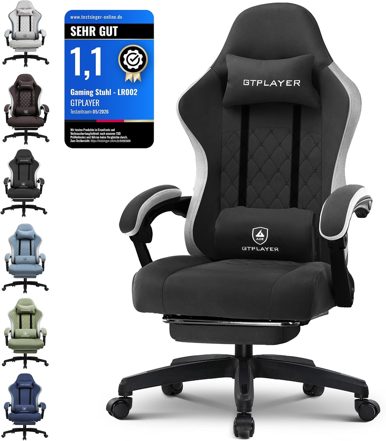 Detalle de GTPLAYER LR002 gamingstoel met stoffen bekleding, verstelbare hoofdsteun en voetensteun
