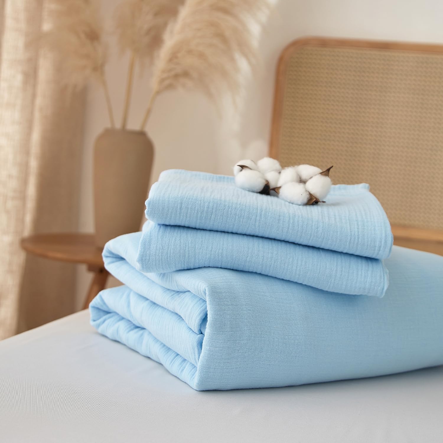 Thumbnail 6 de Luofanfei Housse de Couette en Gaze de Coton 240 x 220 cm – Bleuet Clair, Ensemble 2 Personnes + 2 Taies 65 x 65 cm