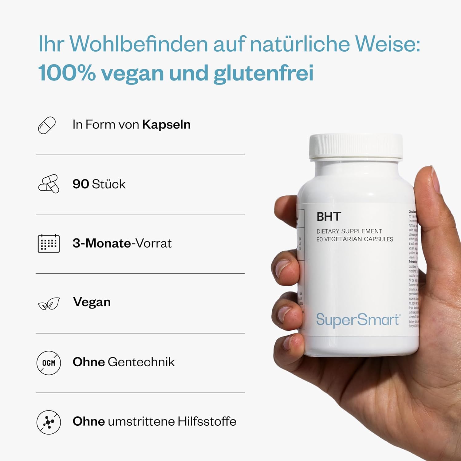 Thumbnail 4 de BHT – Antioxidativ wirkender Pflanzenstoff (Butylhydroxytoluol) | SUPERSMART, 90 Kapseln, vegan & glutenfrei