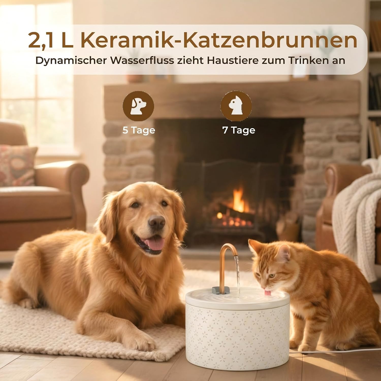 Detalle 2 de MISFANS Katzenbrunnen aus Keramik mit Kupferrohr (2,1 l) – leiser Trinkbrunnen mit 3-fachem Filtersystem