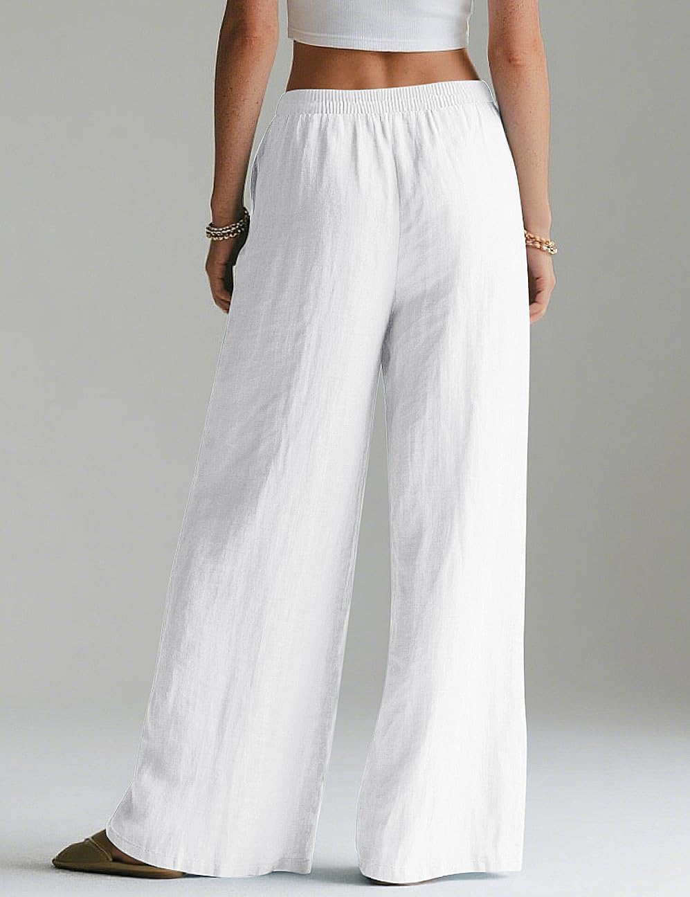 Detalle de Rapbin Linen Trousers for Women – Wide-Leg Summer Palazzo Pants with Elasticated Waist and Pockets