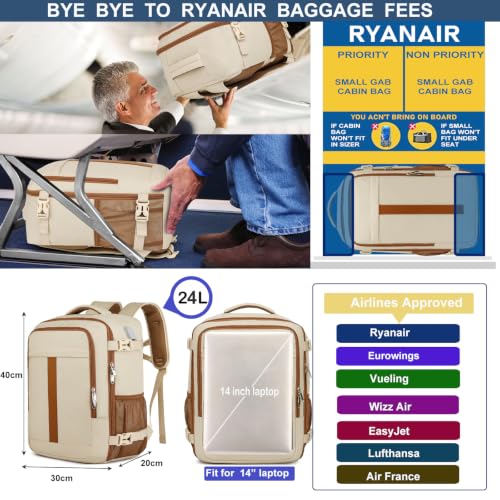 Thumbnail 1 de PUSLOM Mochila de cabina 40x30x20 cm – 24 L, USB, anti‑robo, beige