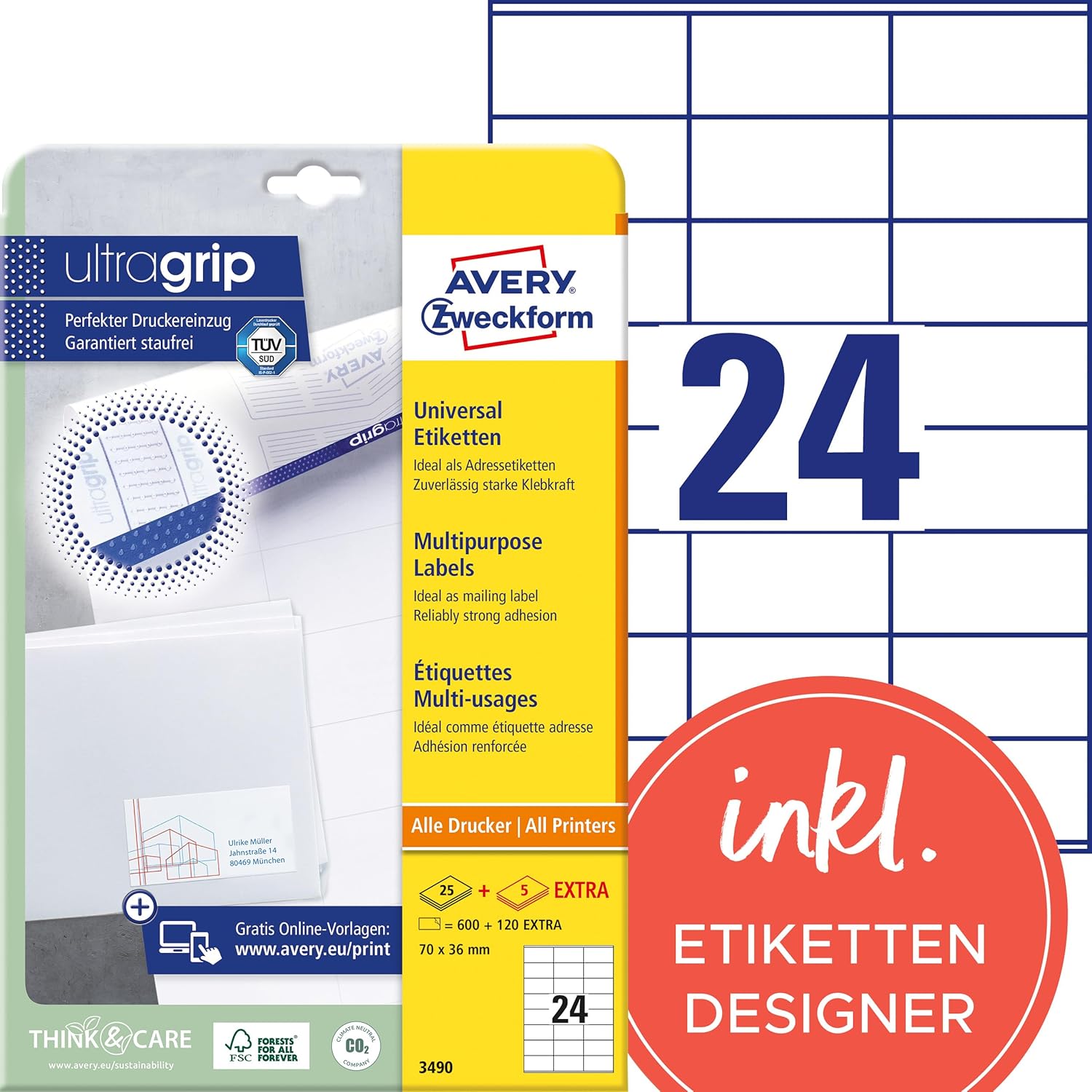 Detalle de AVERY Zweckform 3490 Adressaufkleber 70x36mm
