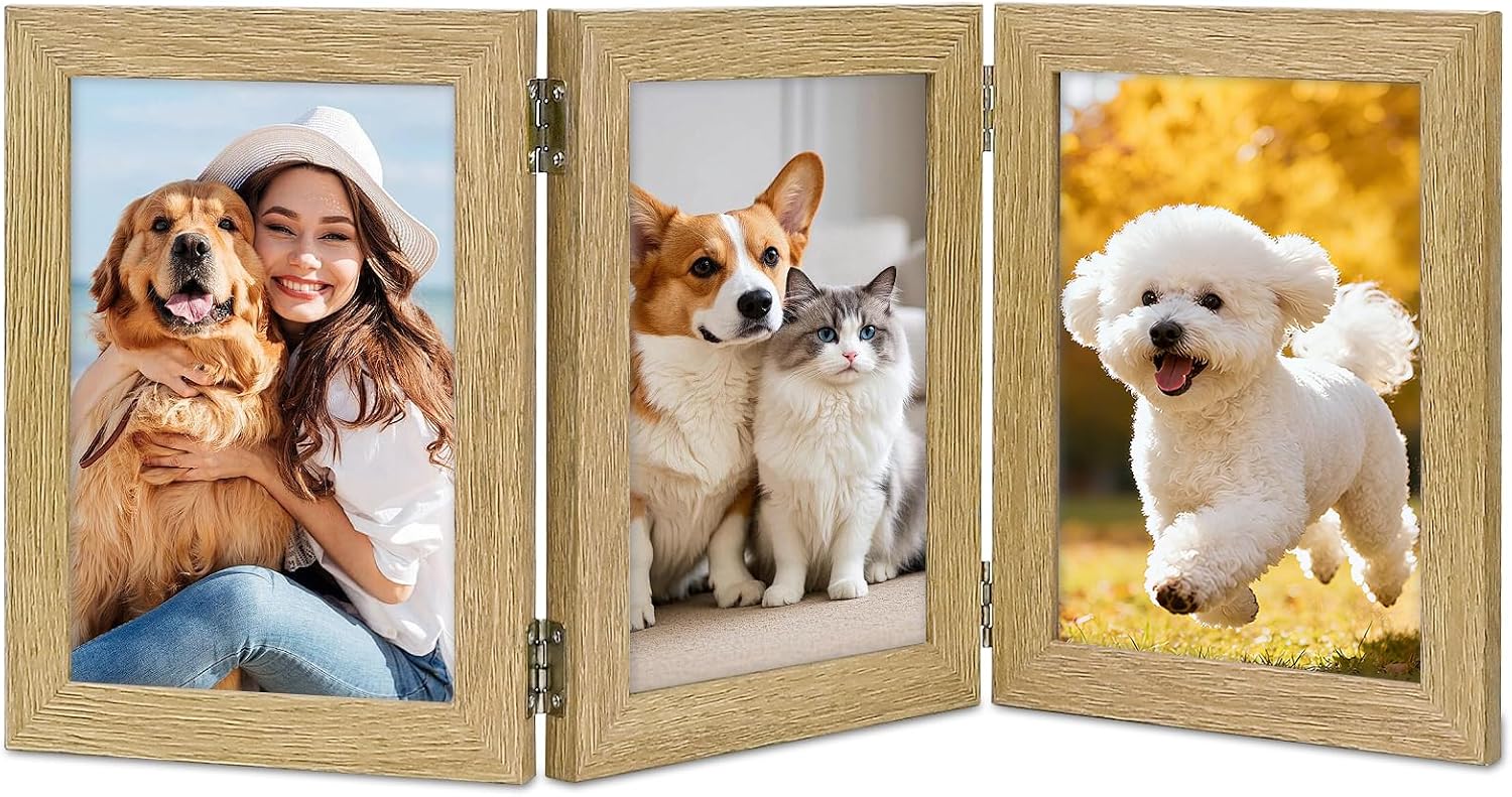 Detalle de ROYUEXT Triple Folding Photo Frame: A timber-edged 3-in-1 display for memories