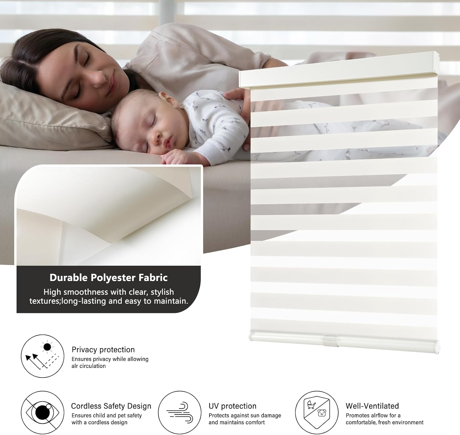 Detalle de AOSKY Cordless Zebra Blinds for Windows (30" W X 72" H) in Beige