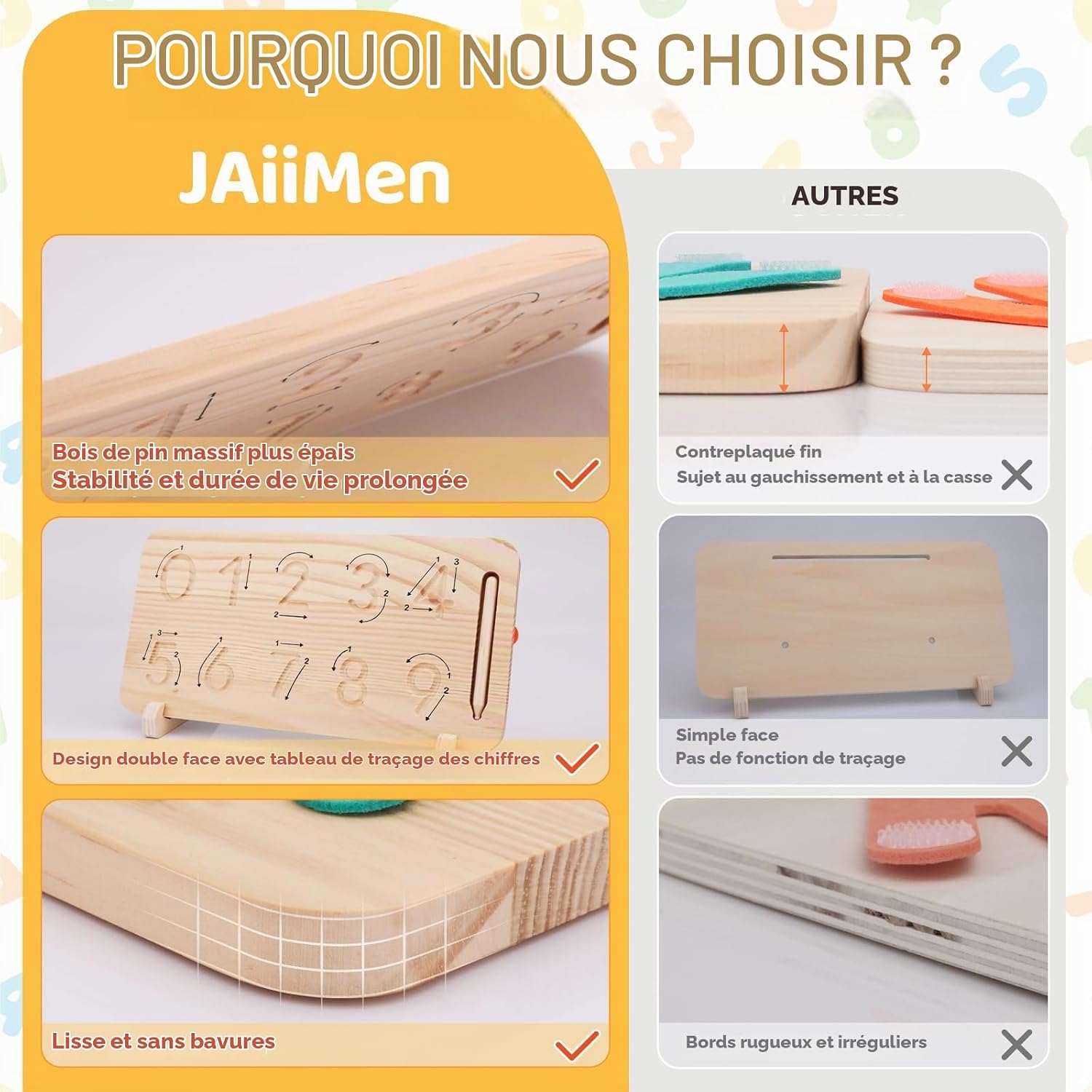 Detalle de JAiiMen JM01 Montessori-rekenbord, dubbelzijdig in massief grenenhout