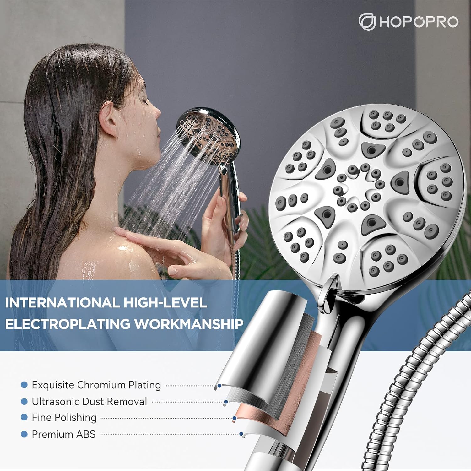 Detalle de HOPOPRO HS6700CP Handheld Showerhead Set, 6 Spray Modes, Chrome Finish