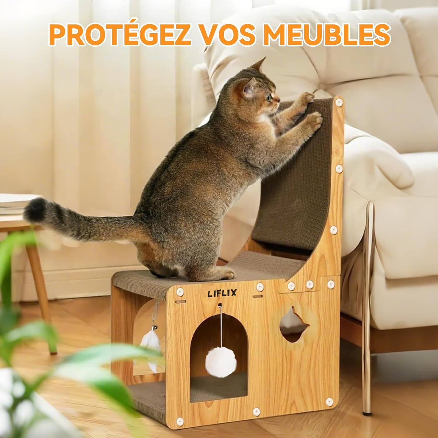 Thumbnail 6 de LIFLIX Griffoir en L à Double Épaisseur – Poteau à griffer, cachette et jouets pour chats