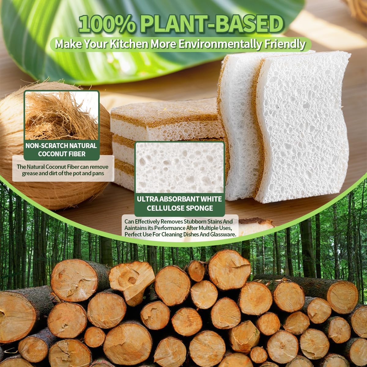 Detalle de Sponges Kitchen Natural Dish Sponge – Plant-Based, Biodegradable & Compostable (Pack of 12)