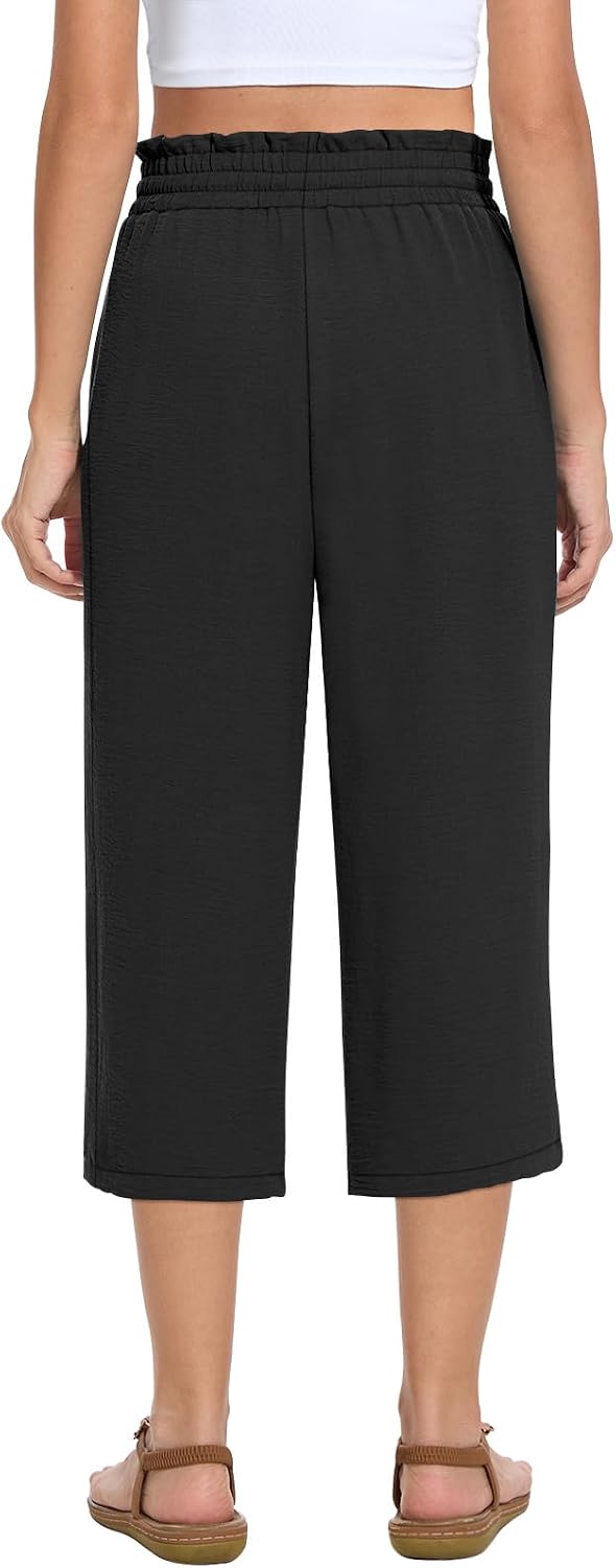 Detalle de MLXSJ Women's Capri Pants: Summer Wide-Leg, High-Waisted with Pockets