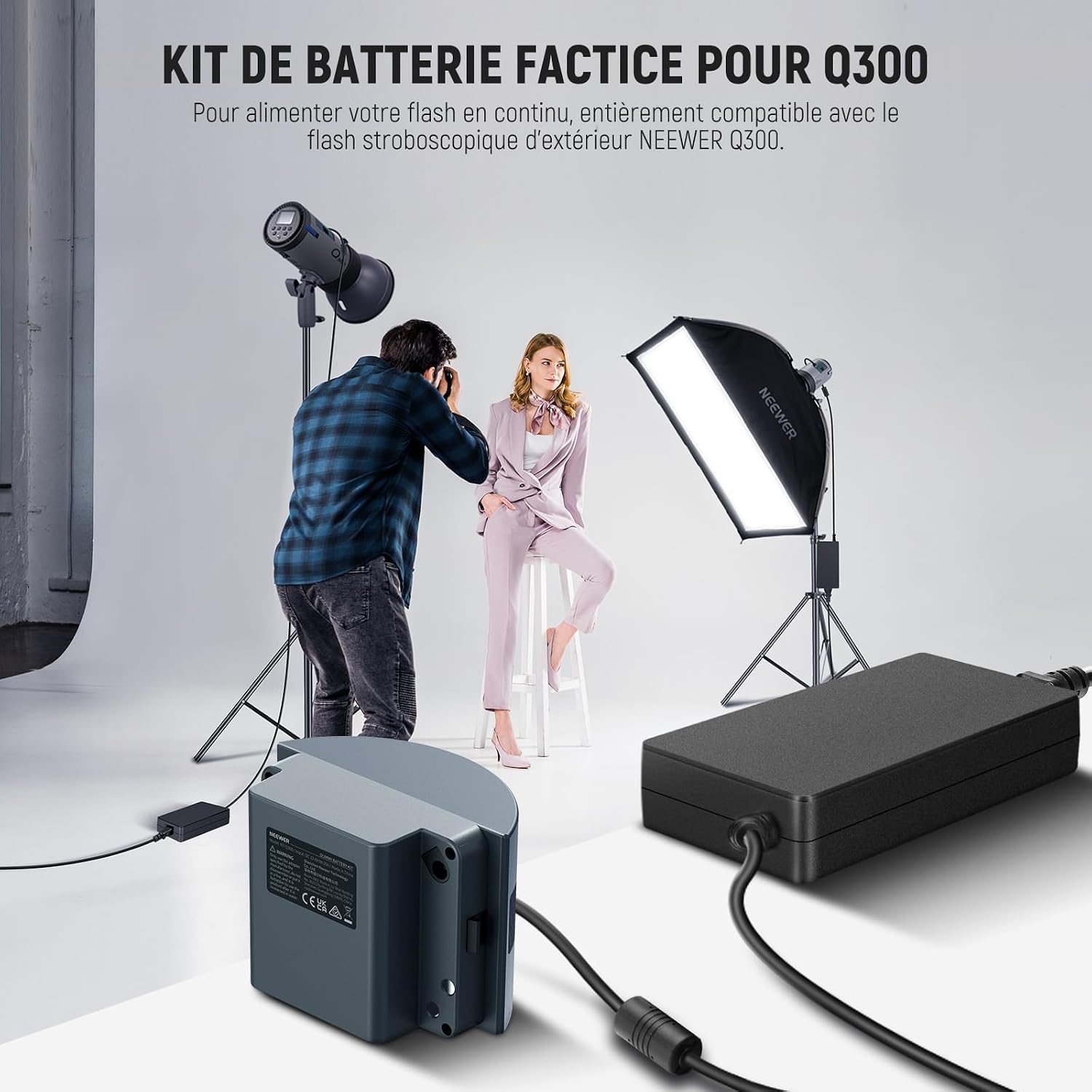Detalle 2 de NEEWER Q300 Kit de batterie factice NT-Q300 pour flash stroboscopique (adaptateur secteur EU, 12,6V 20A)