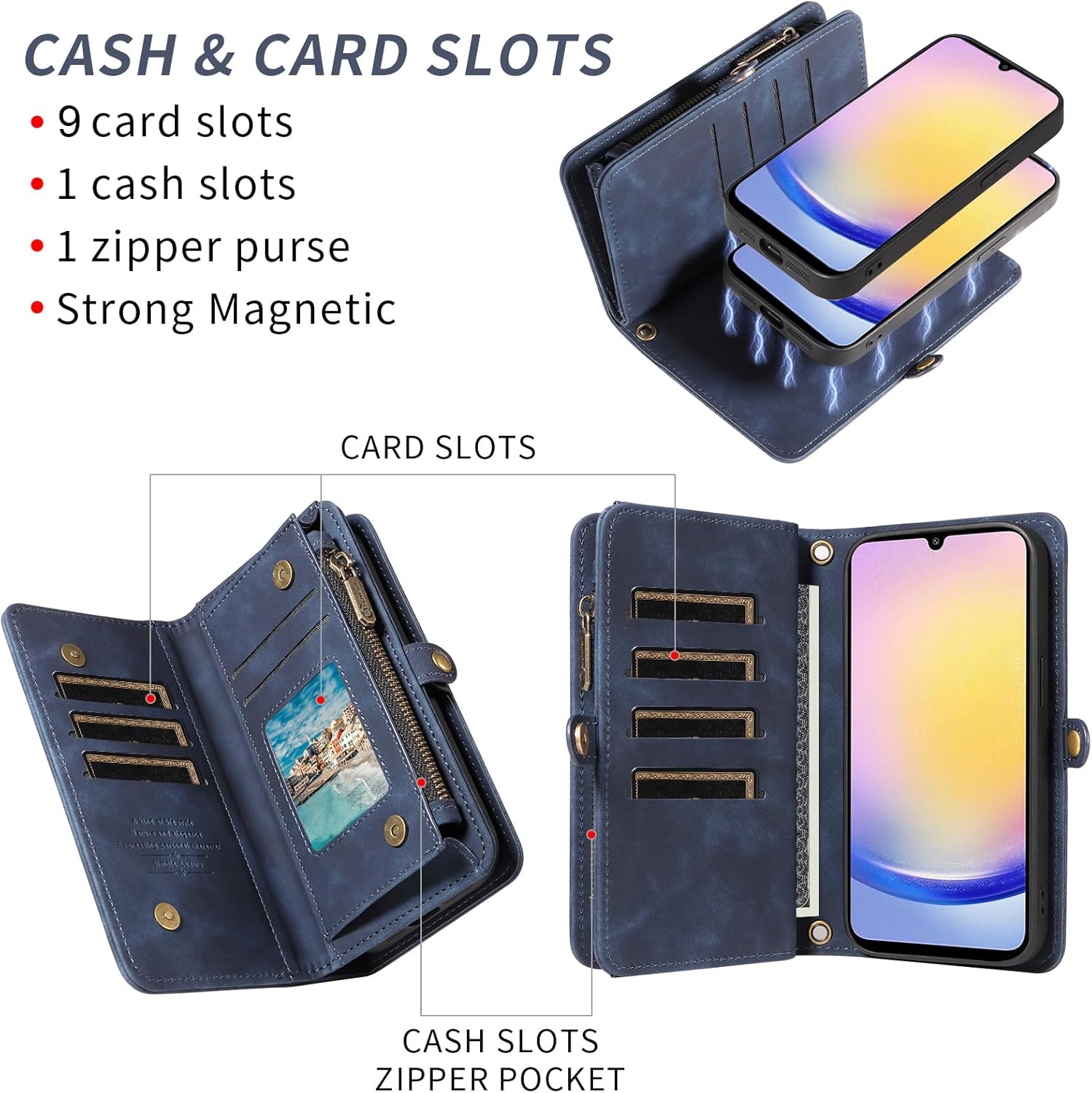 Thumbnail 3 de Asuwish Wallet Case with Detachable Straps and Tempered Glass for Samsung Galaxy A25 5G (A25/A24/M34/F34) – Blue