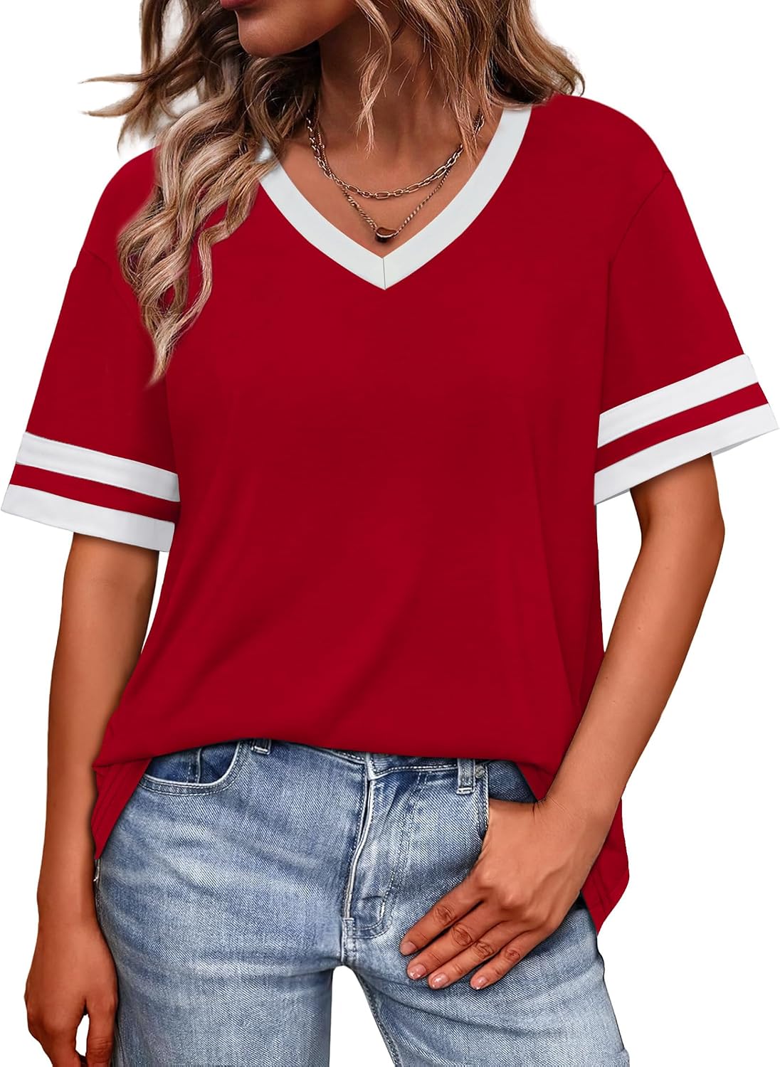 Detalle de WIHOLL Women’s Loose Fit V-Neck Color Block T-Shirts (Short Sleeve)