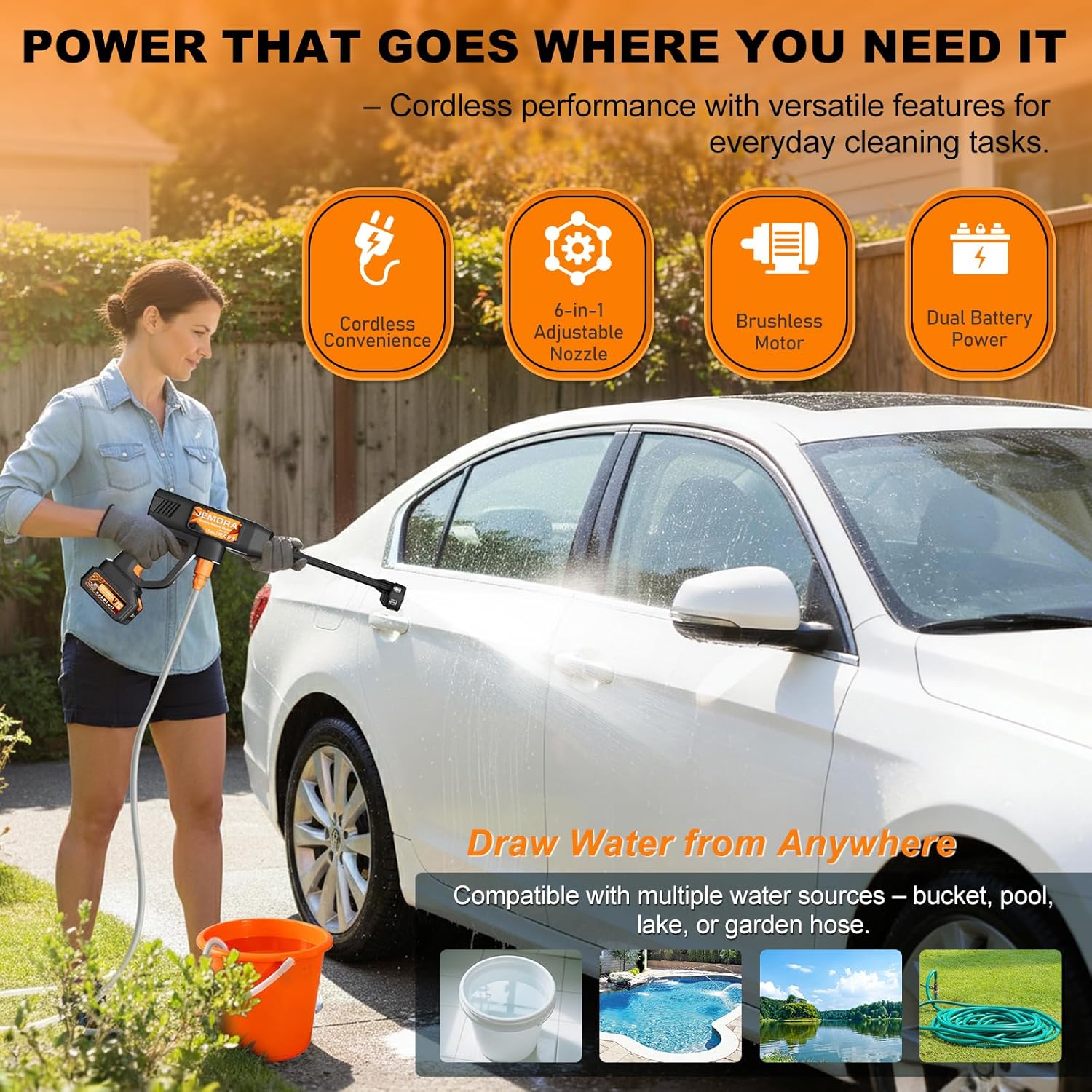 Detalle 2 de JEMORA Cordless Pressure Washer (6-in-1) with 2 Batteries, 5m Hose & Direct Tap Connection