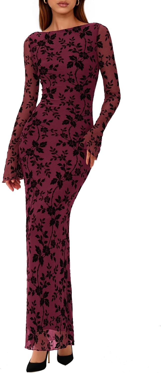 Detalle de PRETTYGARDEN Floral Bodycon Maxi Dress, Boat Neck, Long Sleeve Mesh