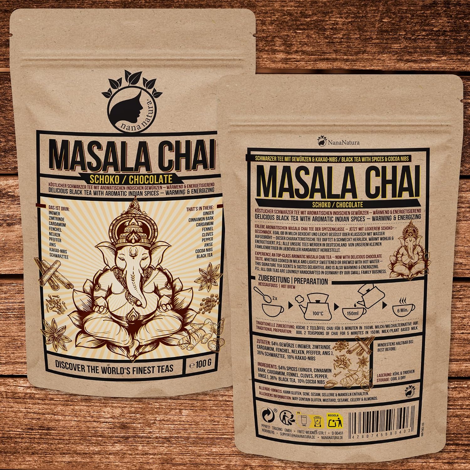Thumbnail 6 de NanaNatura's Masala Chai Schoko Tee 100 g – würzig-schokoladig für Chai Latte mit Kakao-Nibs