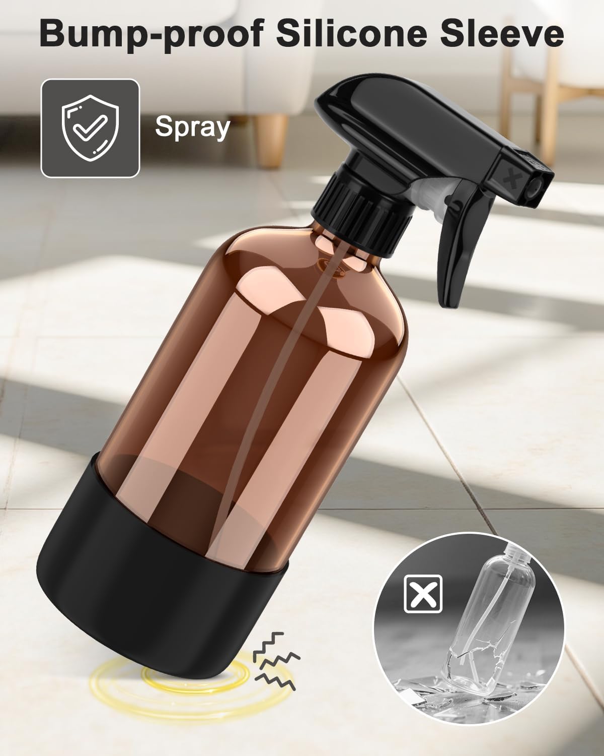 Detalle de Bontip Amber Glass Spray Bottle with Silicone Sleeve (16 oz) – Leak-Proof, Refillable, UV-Protected