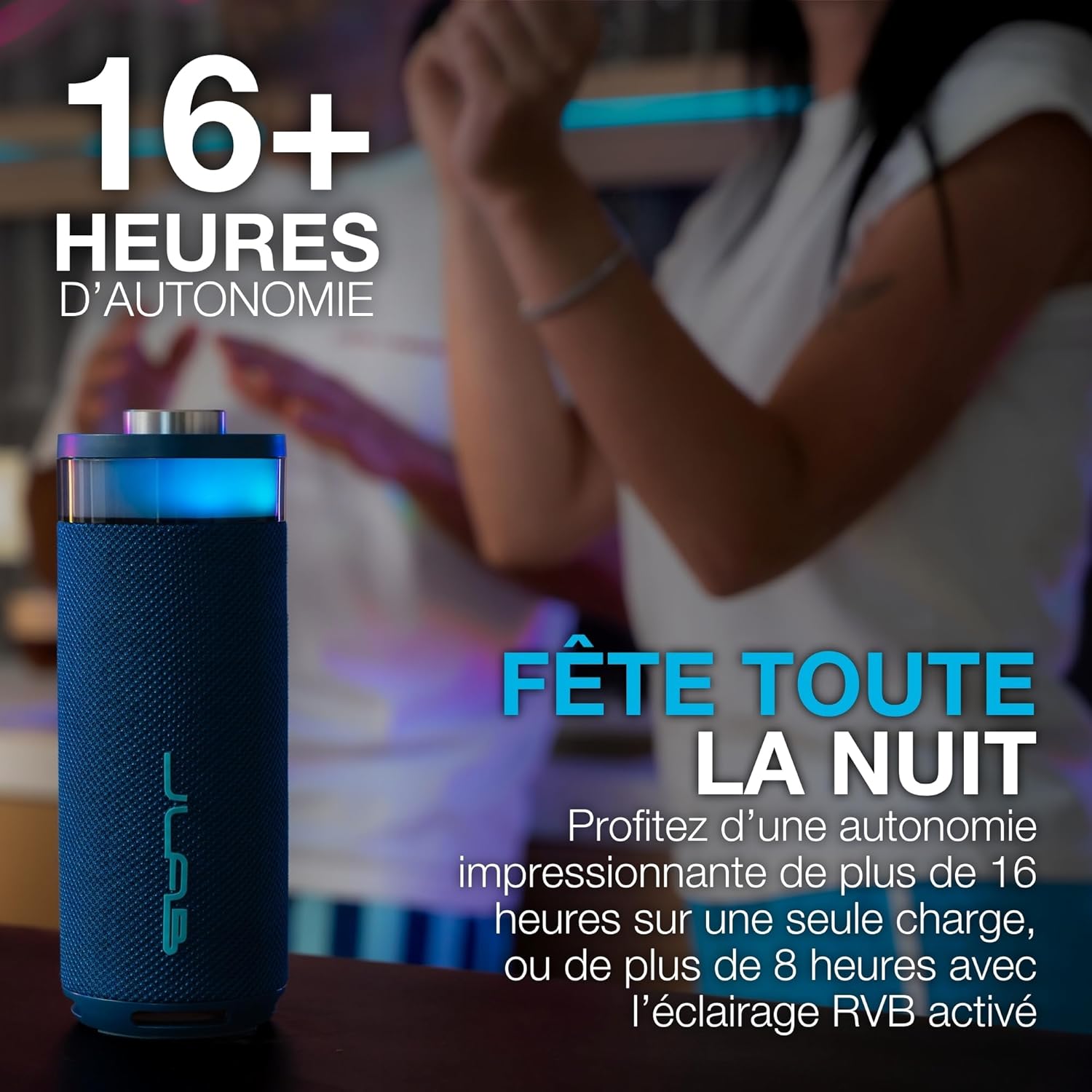 Thumbnail 1 de JLab Go Party enceinte Bluetooth portable 10W avec autonomie jusqu’à 16+ h et lumières RGB (IP56) – Bleu marine
