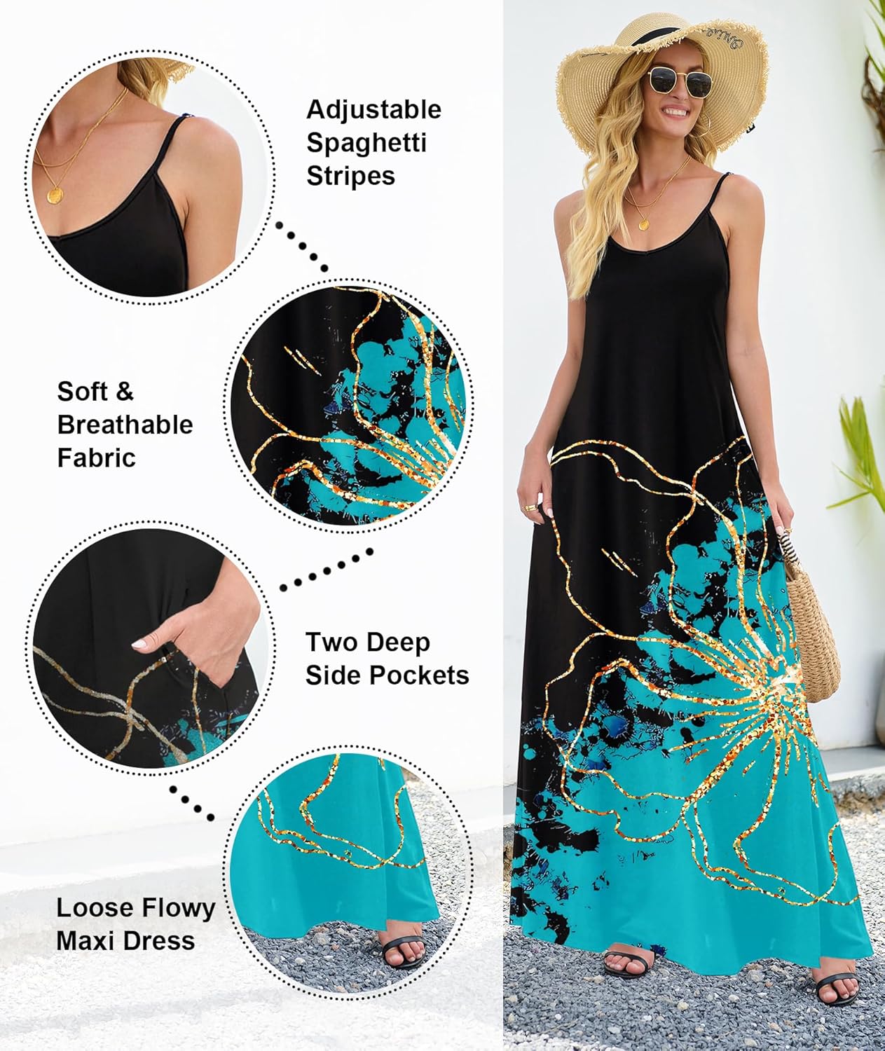 Detalle de Wolddress Women's Maxi Dress with Pockets (2026) – Plus Size, Adjustable Straps, Floor-Length