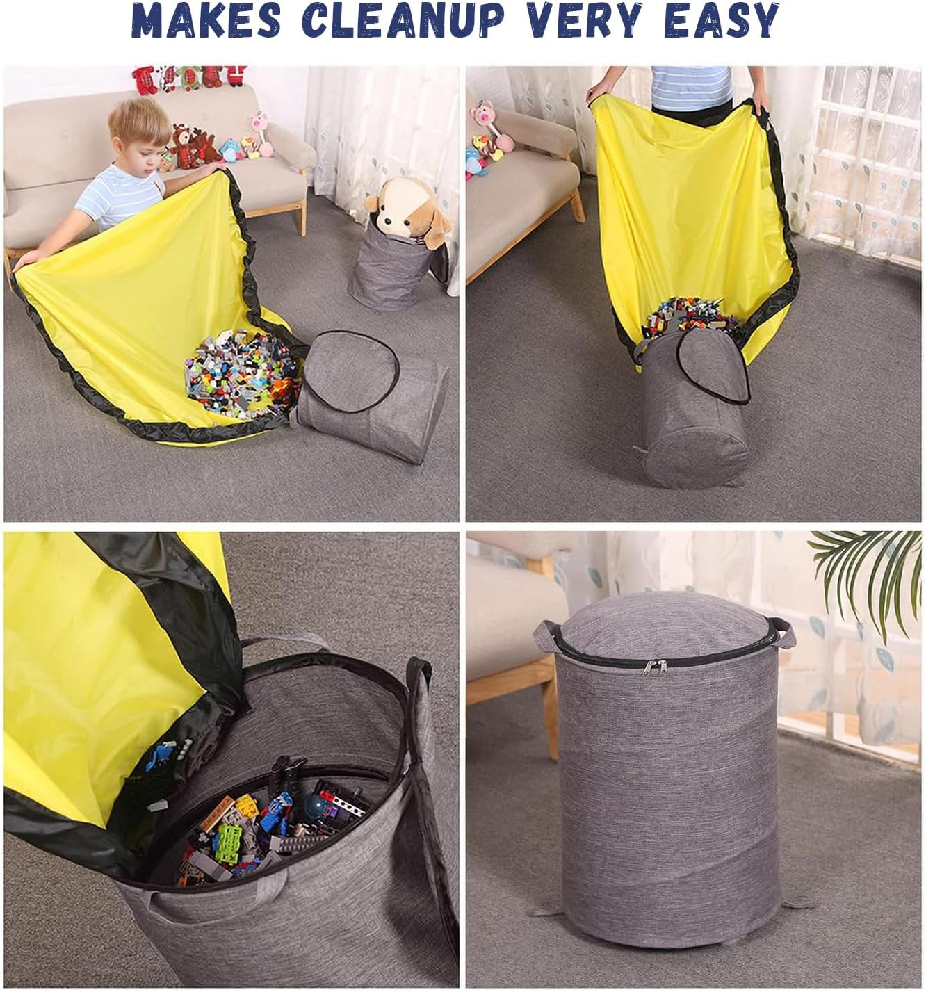 Detalle de Modojuny Kids’ Toy Storage Organizers with Play Mat (Grey) — Large canvas bin with zipper