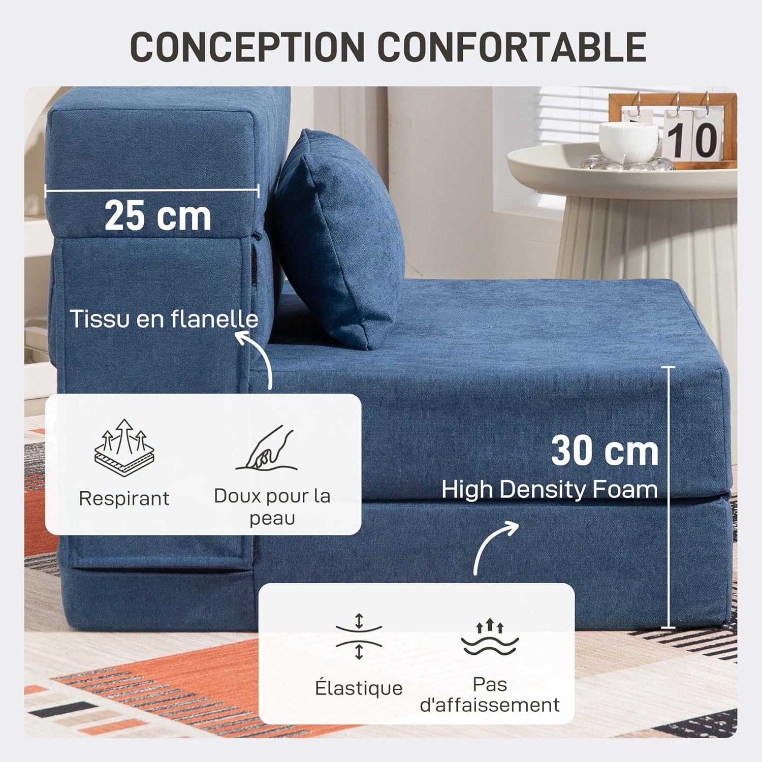 Thumbnail 4 de HOMCOM Fauteuil Convertible 1 Place 3 en 1 – Canapé de sol pliant en flanelle bleue, 210 cm