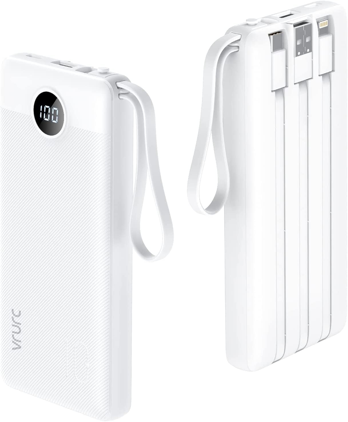 Detalle de VRURC 10000mAh Power Bank With Built in Cables — Compact 5-Output Portable Charger