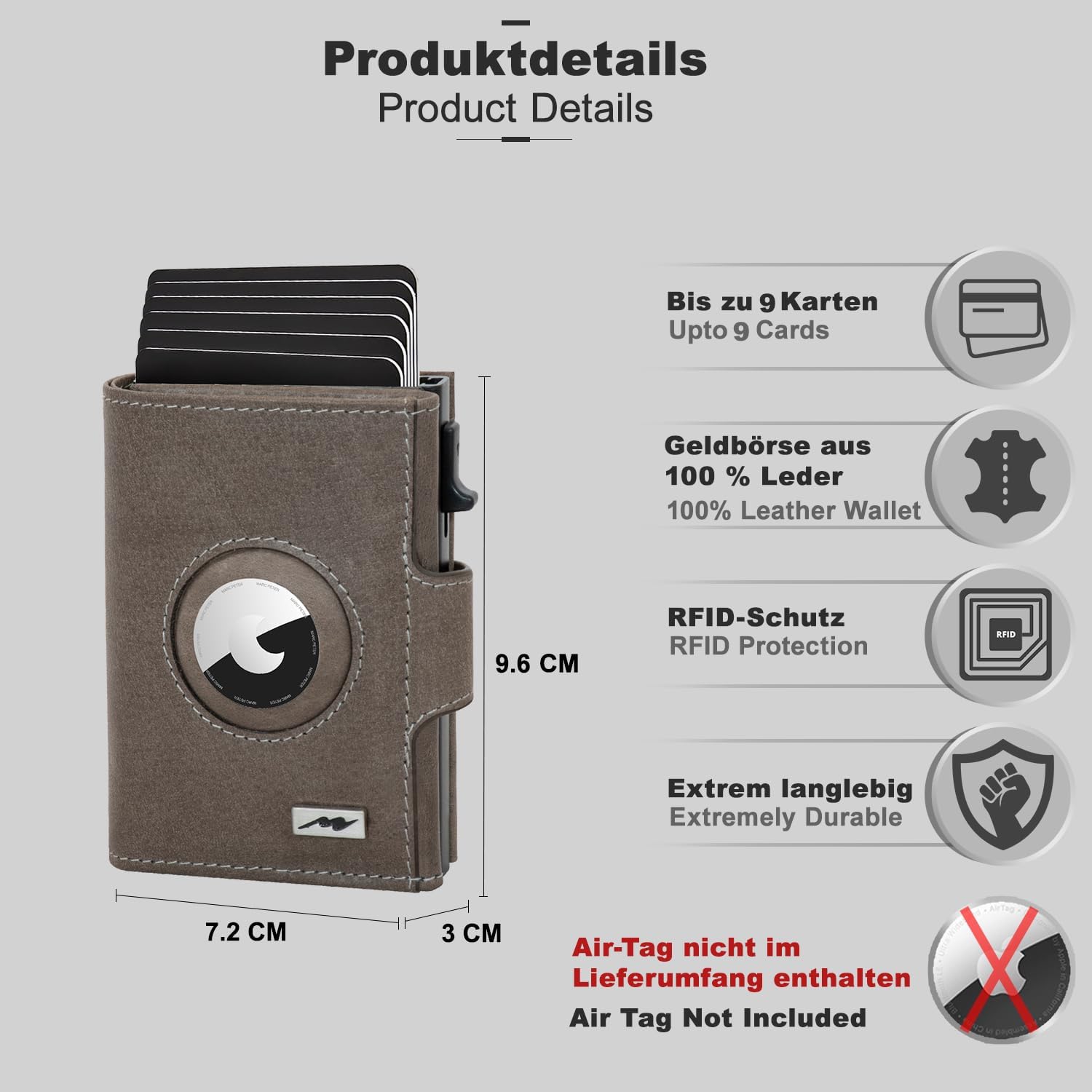 Thumbnail 4 de Marc Peter Chicago Leder Push Air Slim Wallet – Airtag Münzfach, RFID-Schutz, Grau