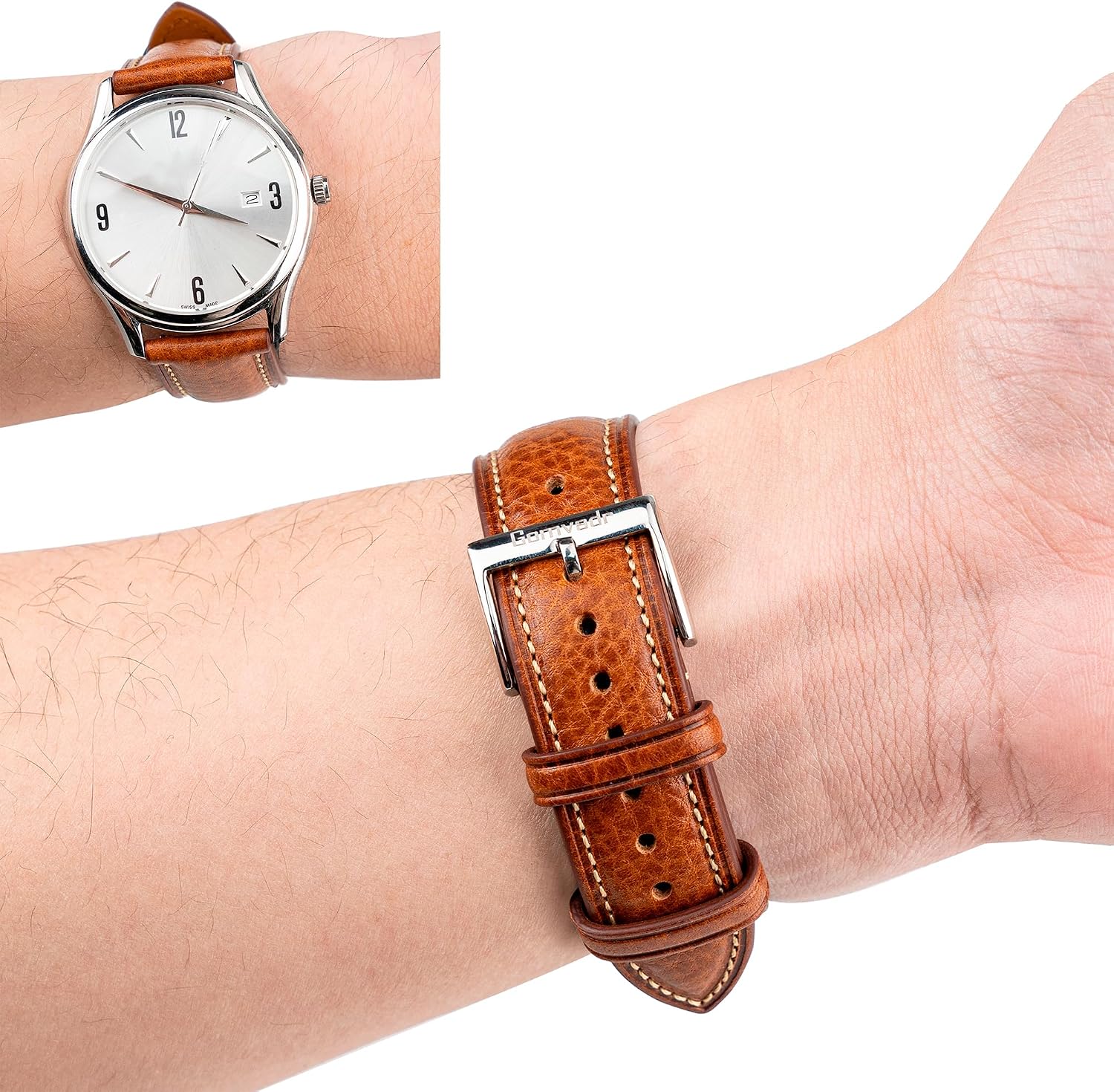 Detalle de Gomvadr Leder Uhrenarmband (pflanzlich gegerbtes Top-Grain), Schnellspanner-Ersatzband – Cognac/Silber, 21 mm (Kontrastnaht)