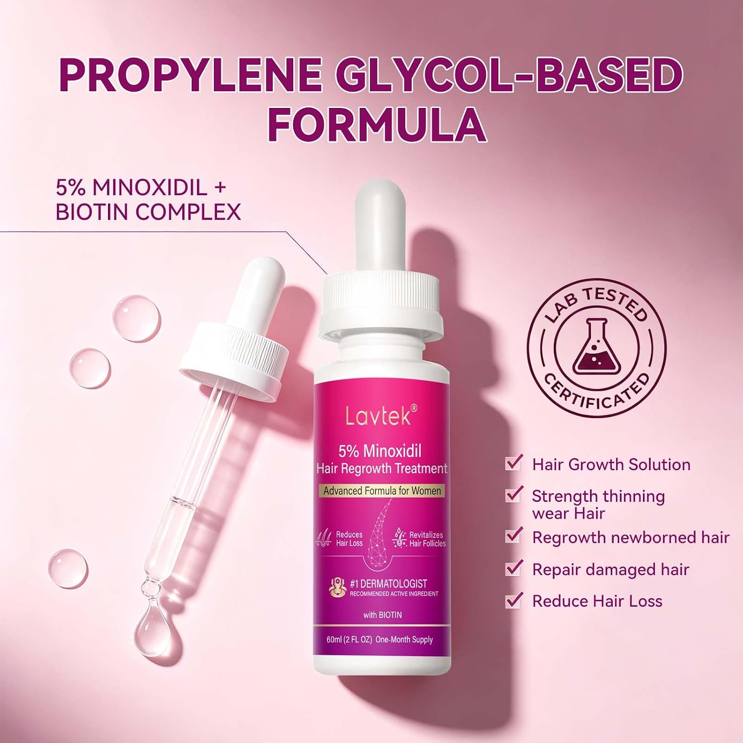 Detalle de Lavtek 5% Minoxidil Hair Growth Serum for Women with Biotin & Castor Oil