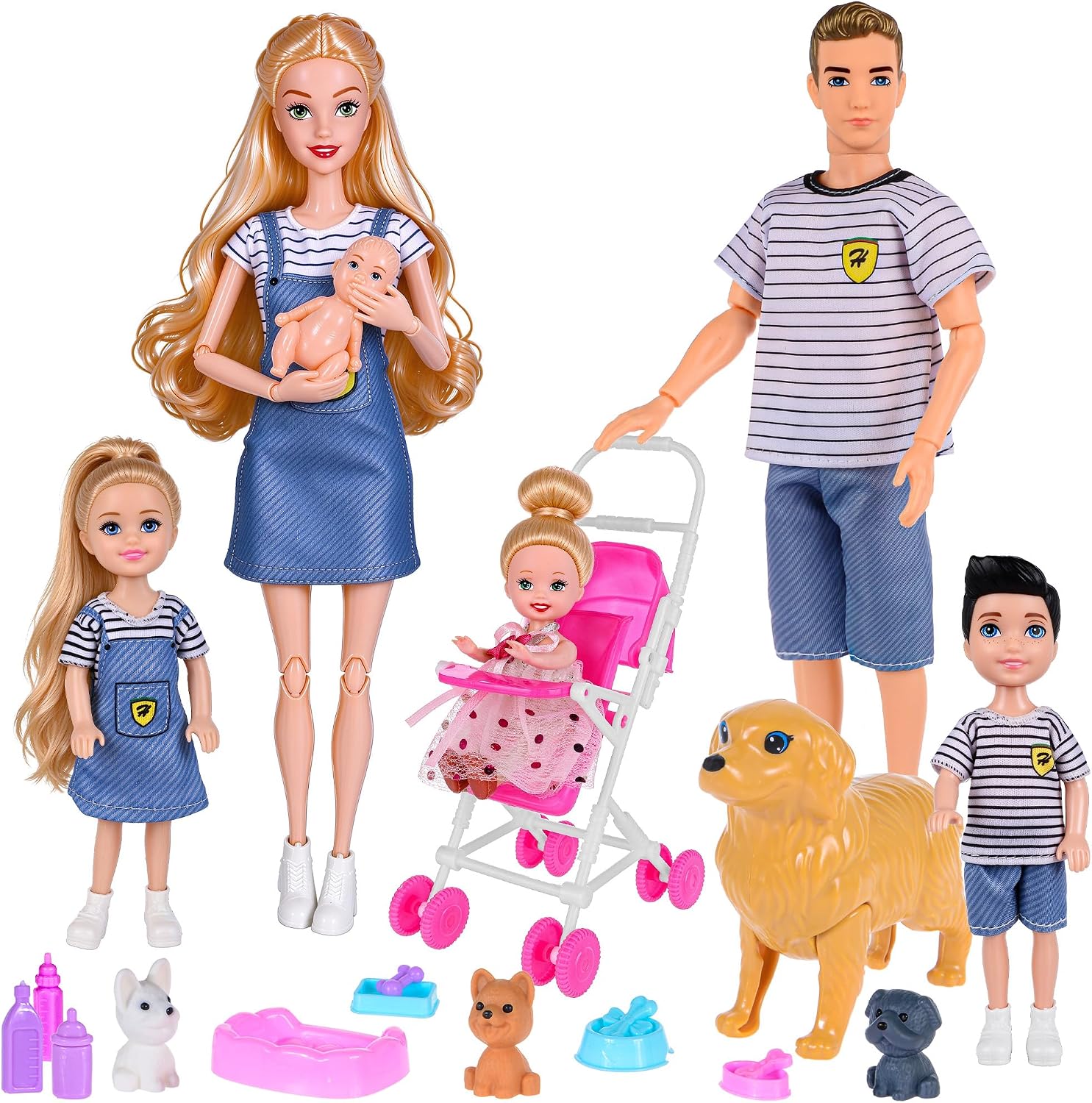 Detalle de dollbie DBLD11 Family Doll Playset with Baby Stroller, Kids and Pets