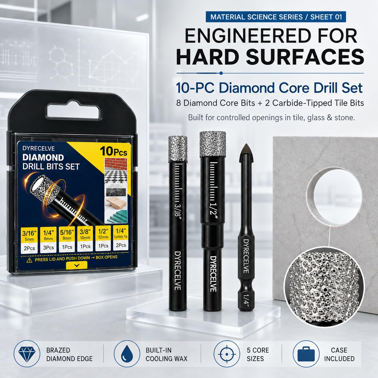 Detalle de DYRECELVE Diamond Drill Bit Set, 10-Piece